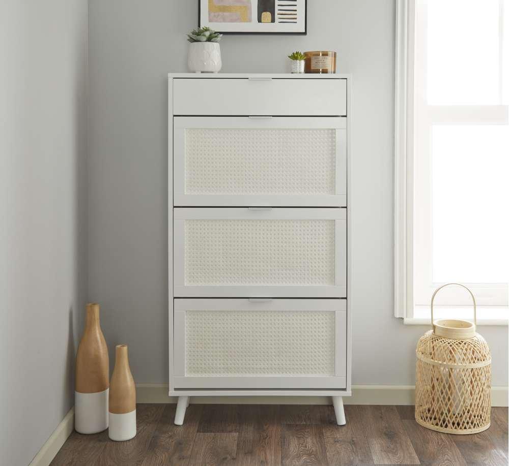 Shoe Storage Cabinet with Rattan Detail Dropdown Drawers