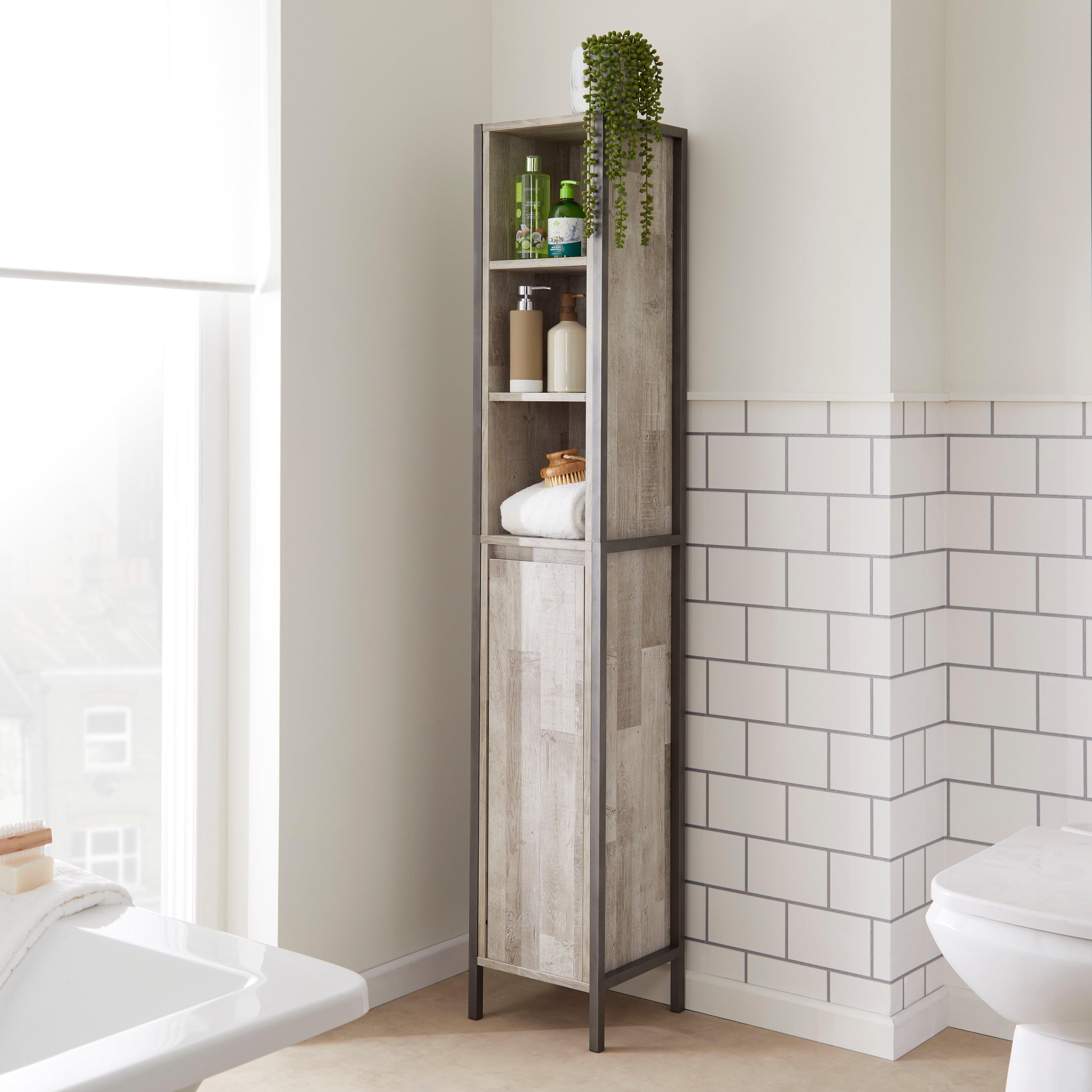 Wood Effect and Grey Bathroom Tallboy Cabinet