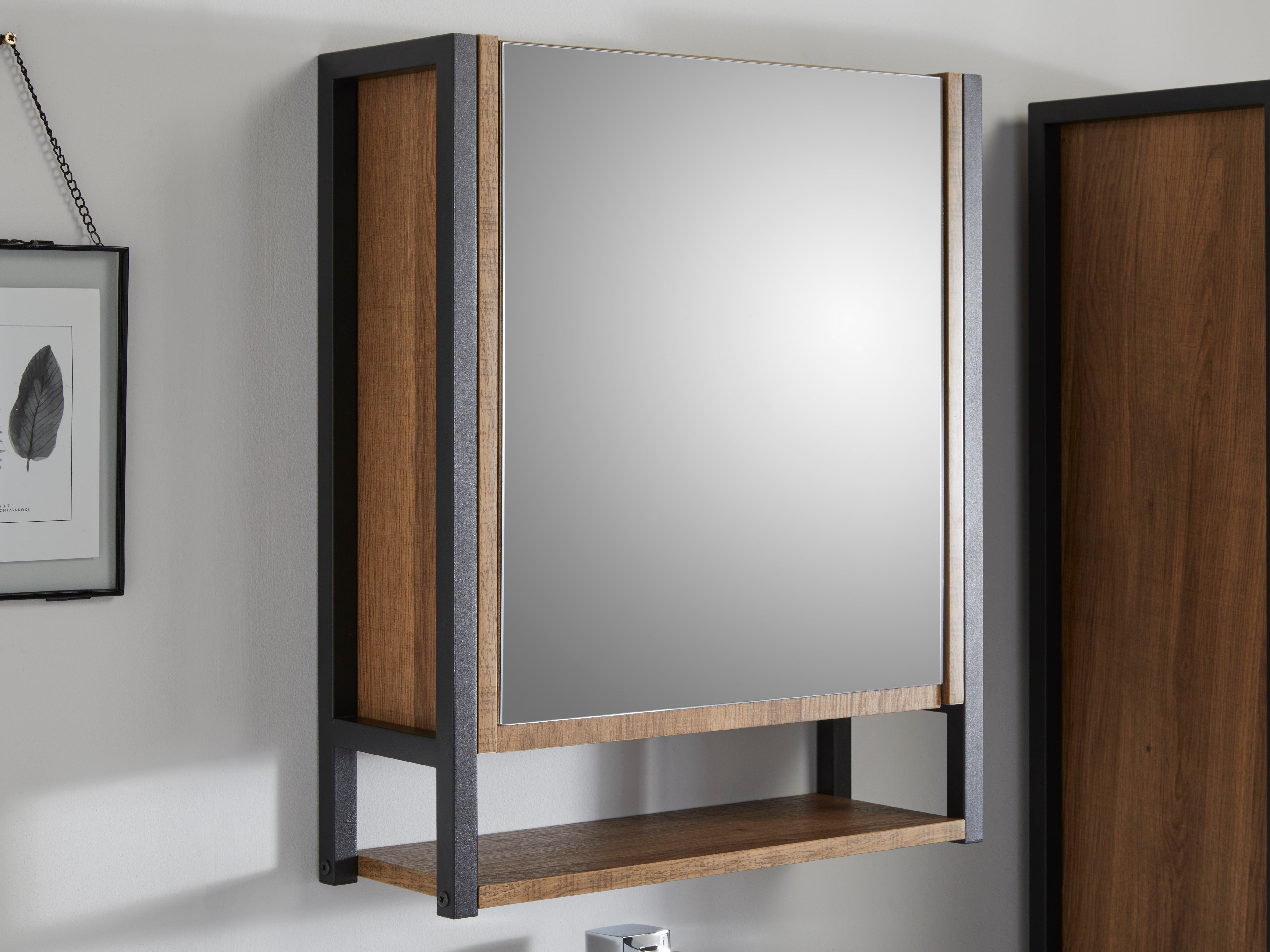 Wall Mounted Wood Effect Mirrored Bathroom Cabinet