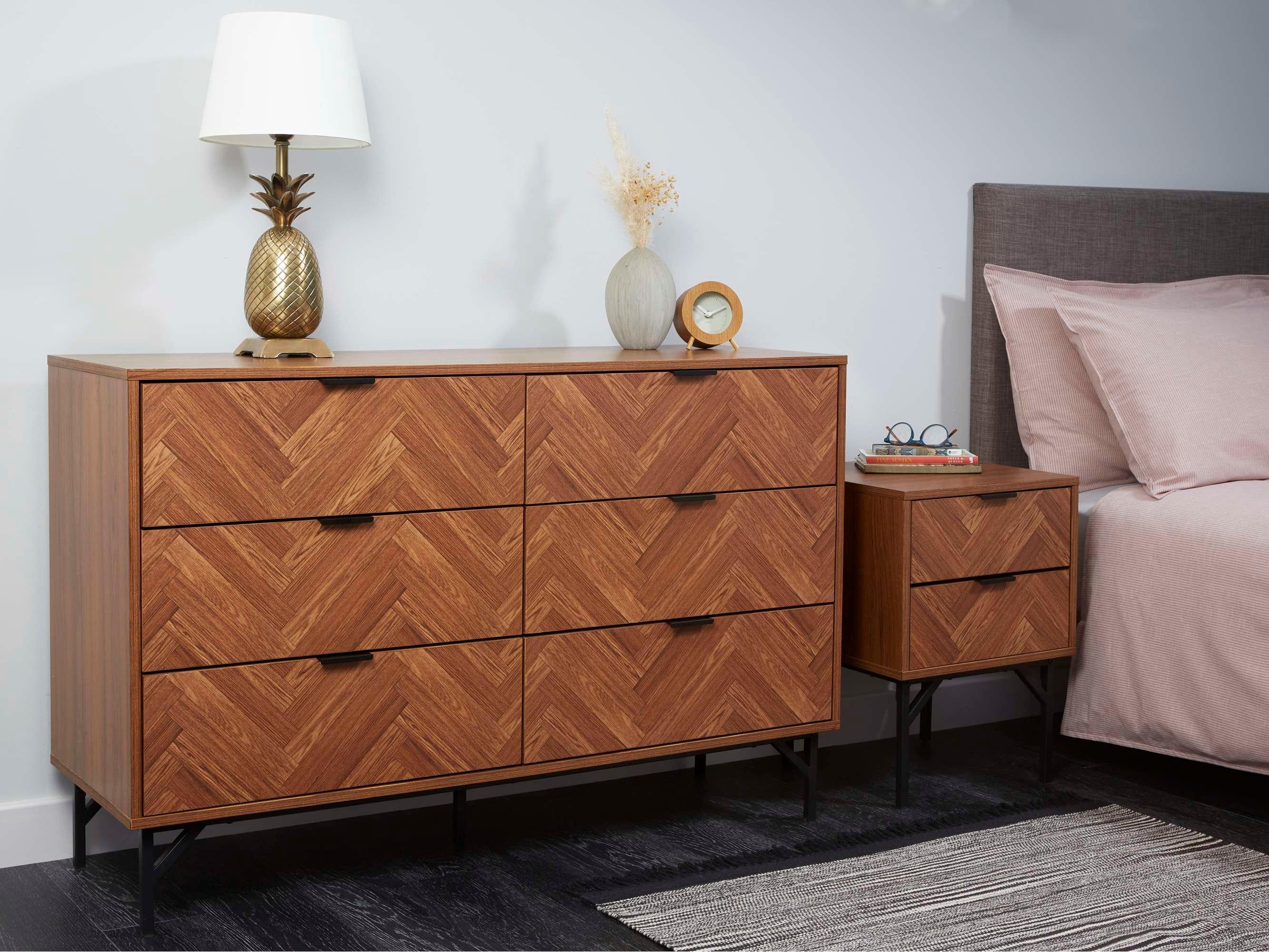 Dark Chevron 6 Drawer Bedroom Chest of Drawers with Metal Legs