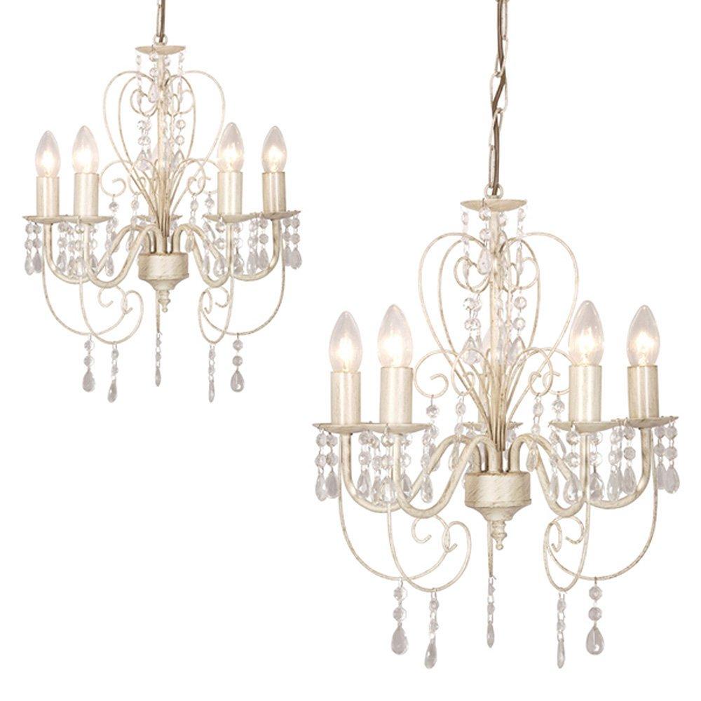 Lille Distressed Pair of 5 Way White Ceiling Light Chandeliers