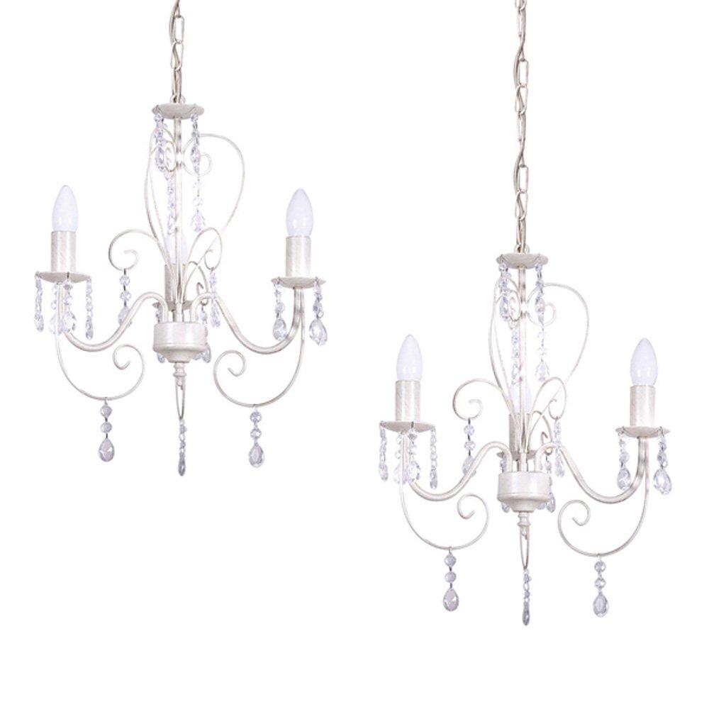 Lille Distressed Pair of 3 Way White Ceiling Light Chandeliers
