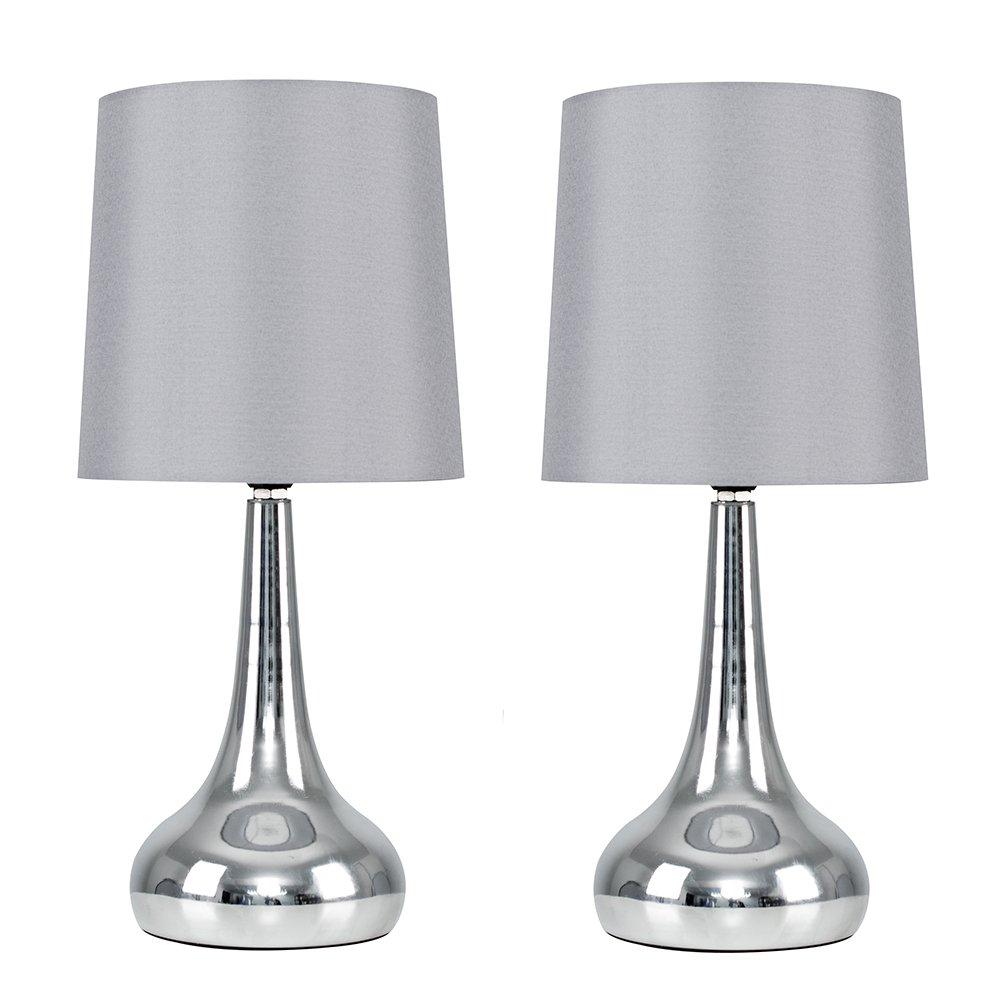 Pair of Chrome Teardrop Touch Table Lamps With Grey Shades