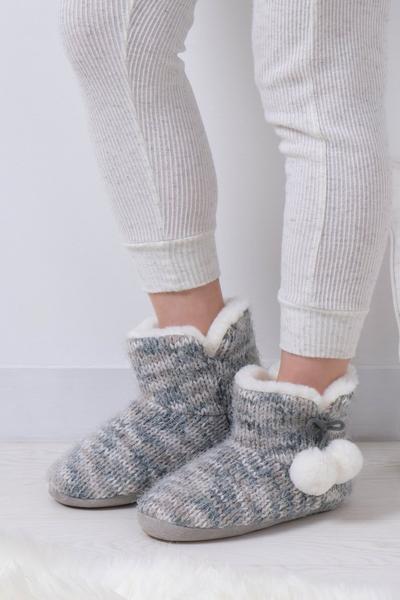 Knitted Boot Slippers With Pom Pom