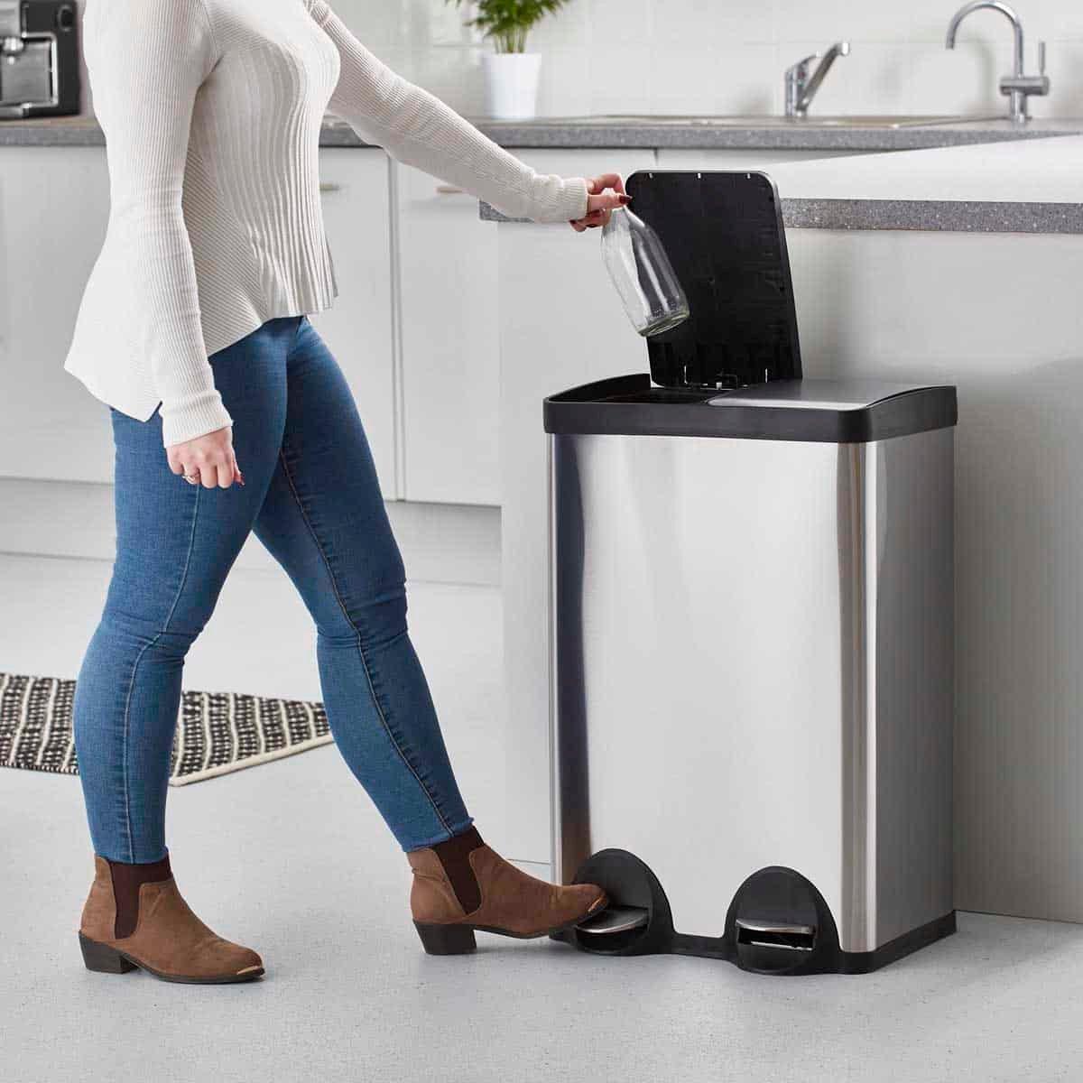 Kitchen Rubbish Recycling Pedal Bin 60L 2 Waste Compartment Hands-Free Silver