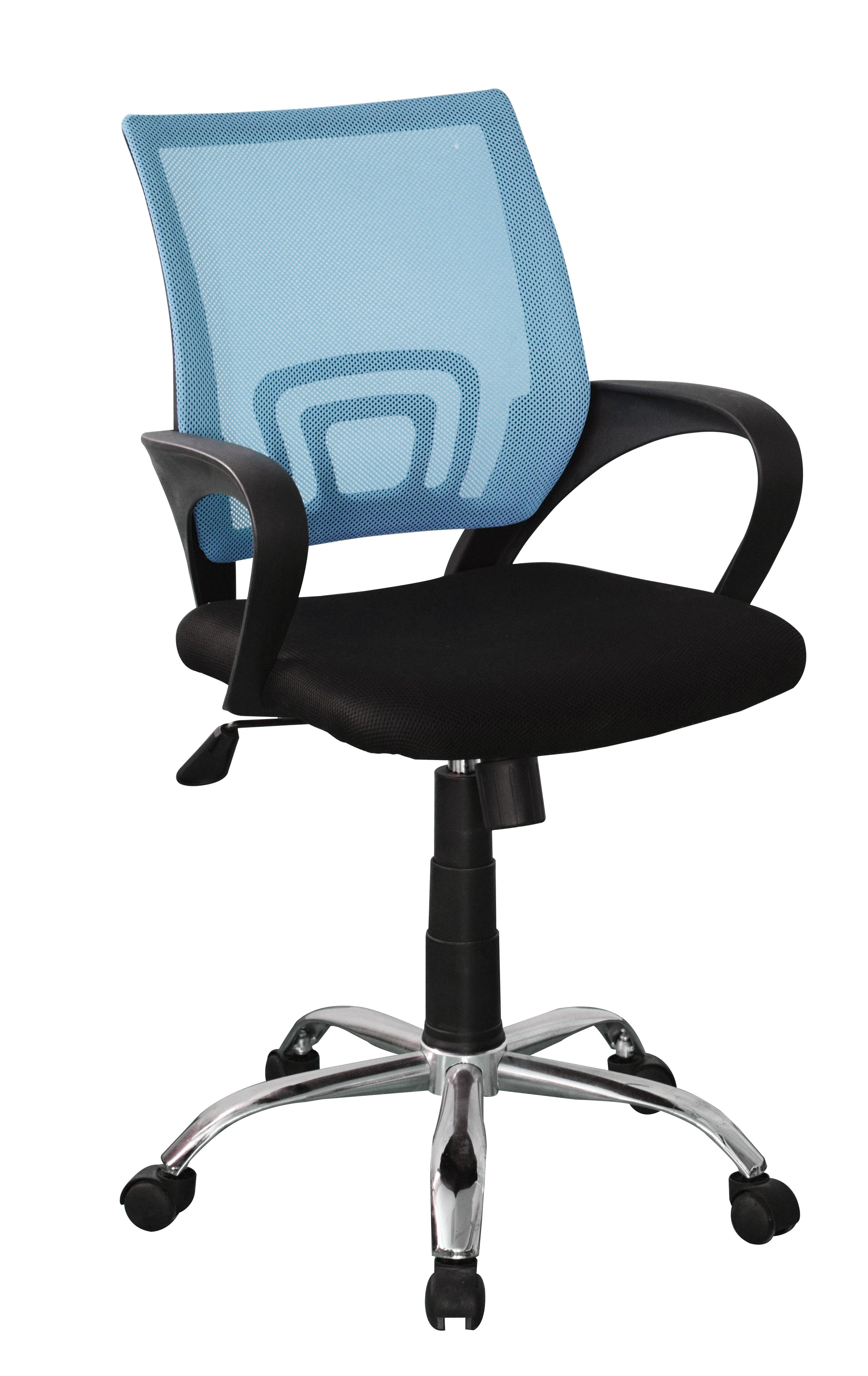 Loft Home Office Study Chair, Blue Mesh Back, Black Fabric Seat With Chrome Base