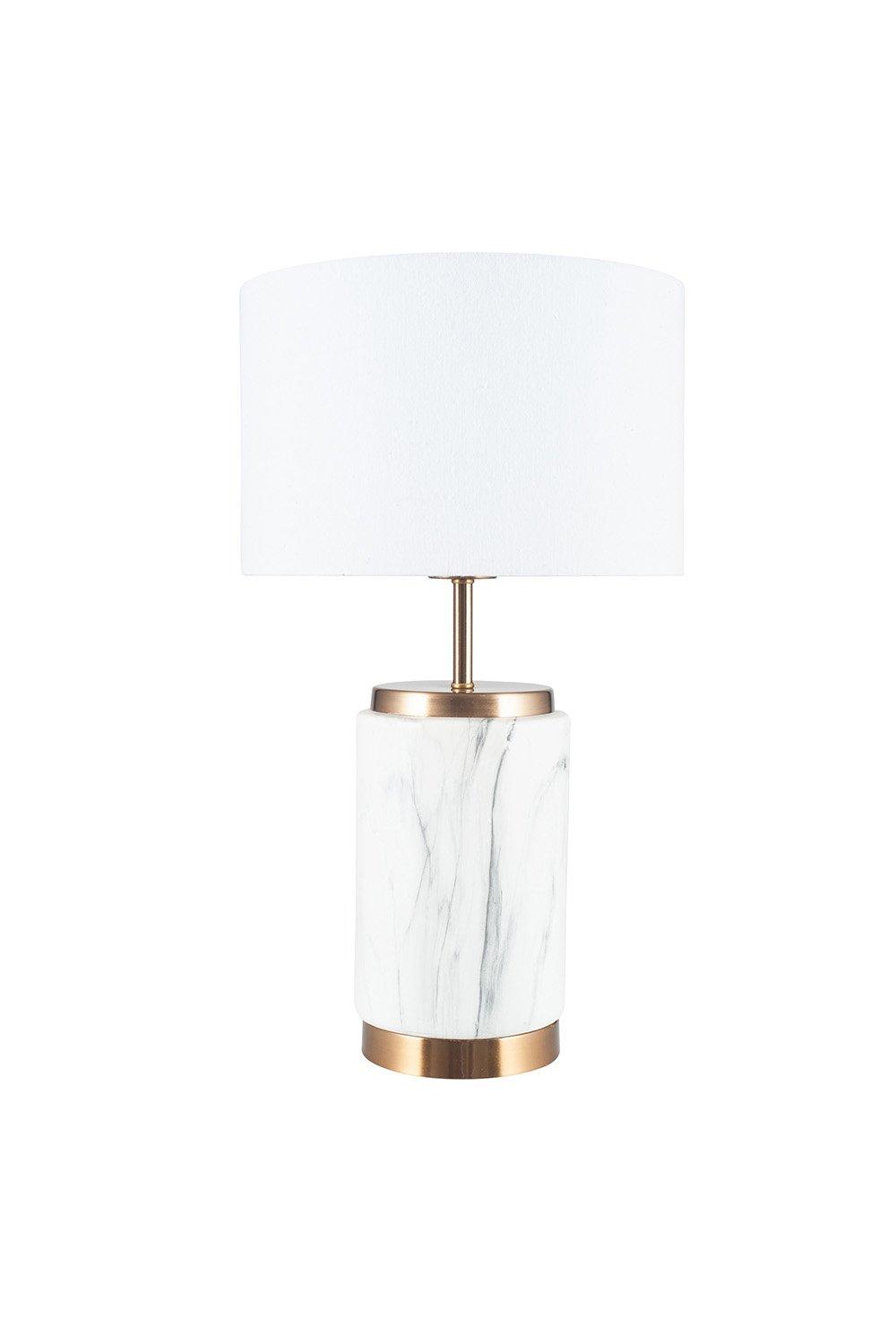 Soft Grey and White Marble Effect Brushed Brass Metal White Linen Shade Table Lamp