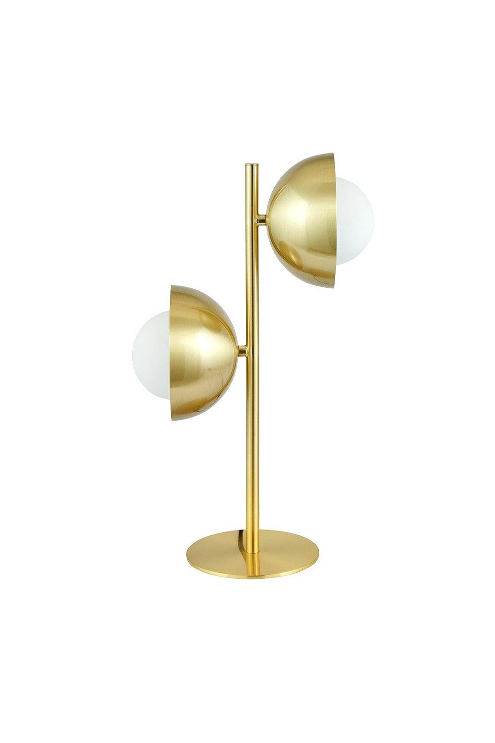 Brushed Brass Metal Two White Orb Table Lamp