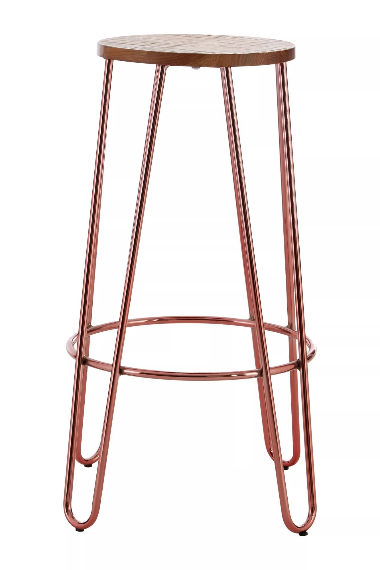 Interiors by Premier Rose Gold Metal and Elm Wood Round Bar Stool, Hairpin Stool, Sturdy Stool for B