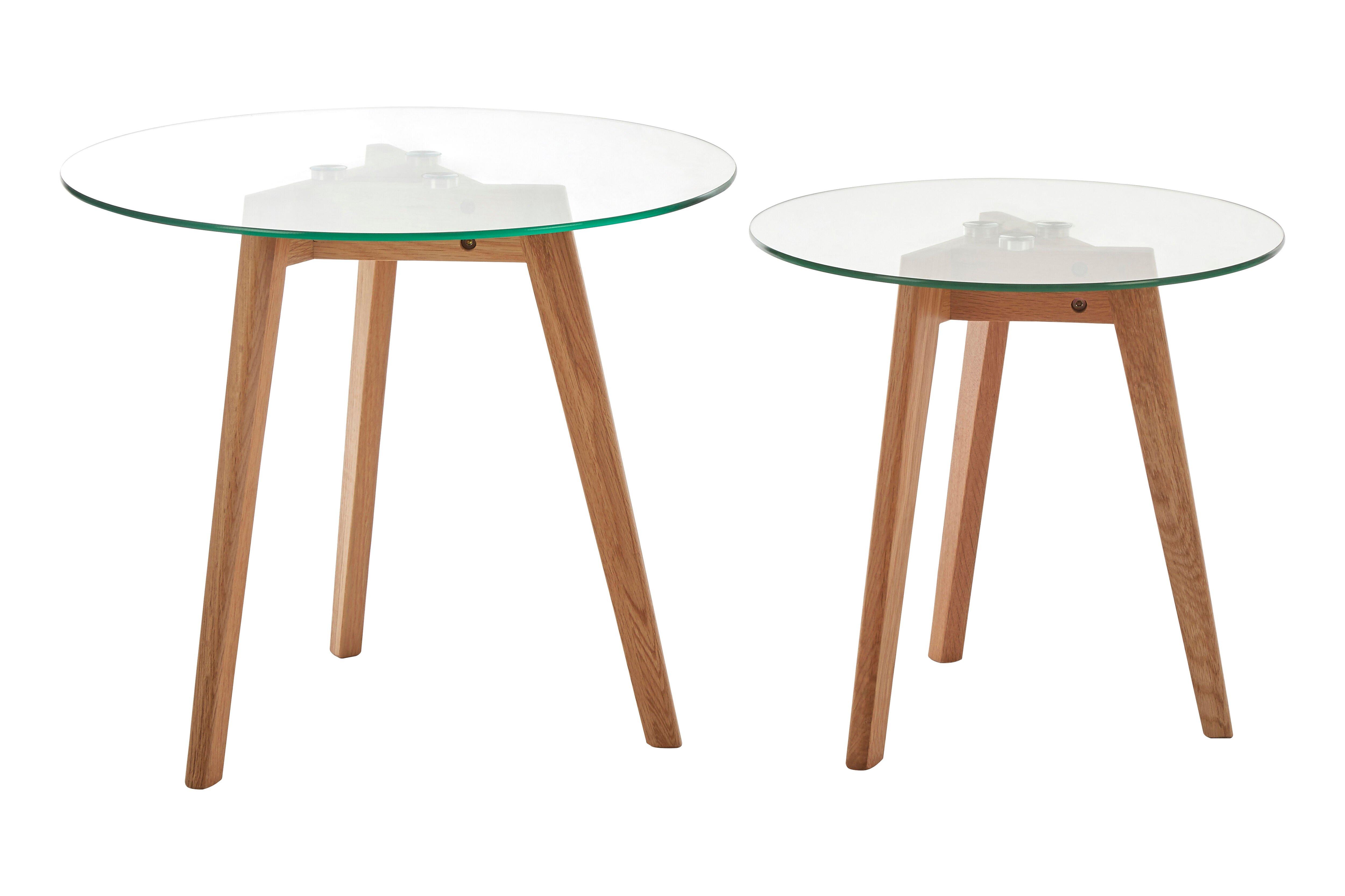 Set Of Two Glass Top Oak Wood Side Tables