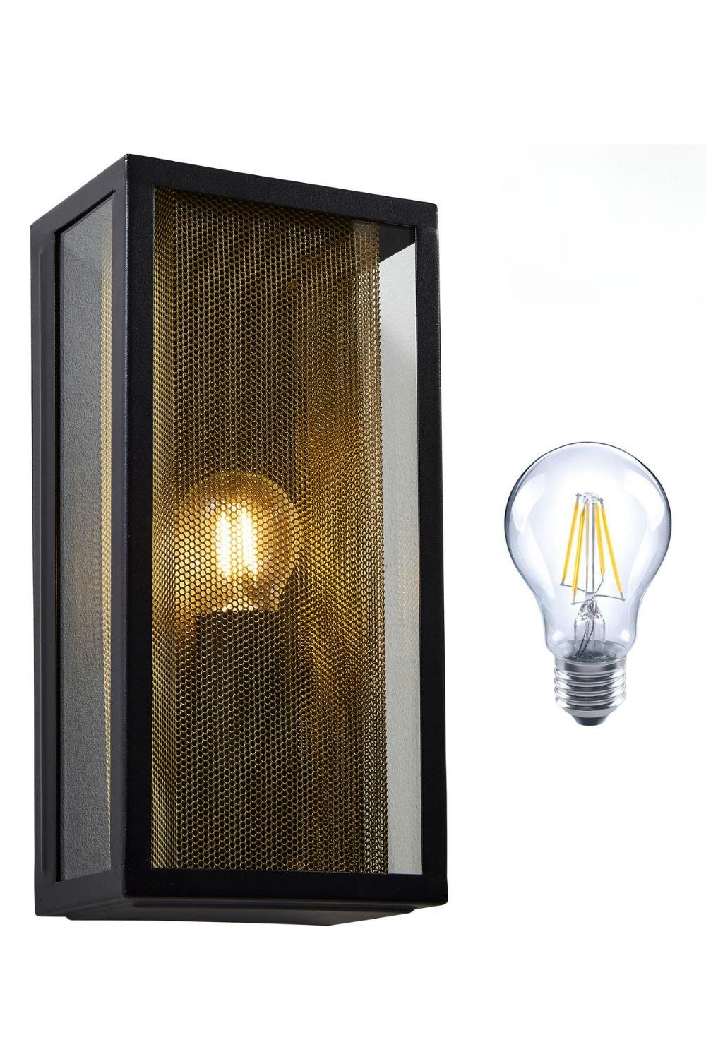 Box Lantern Wall Light - Mesh Insert and LED Bulb - Black with Brass Insert