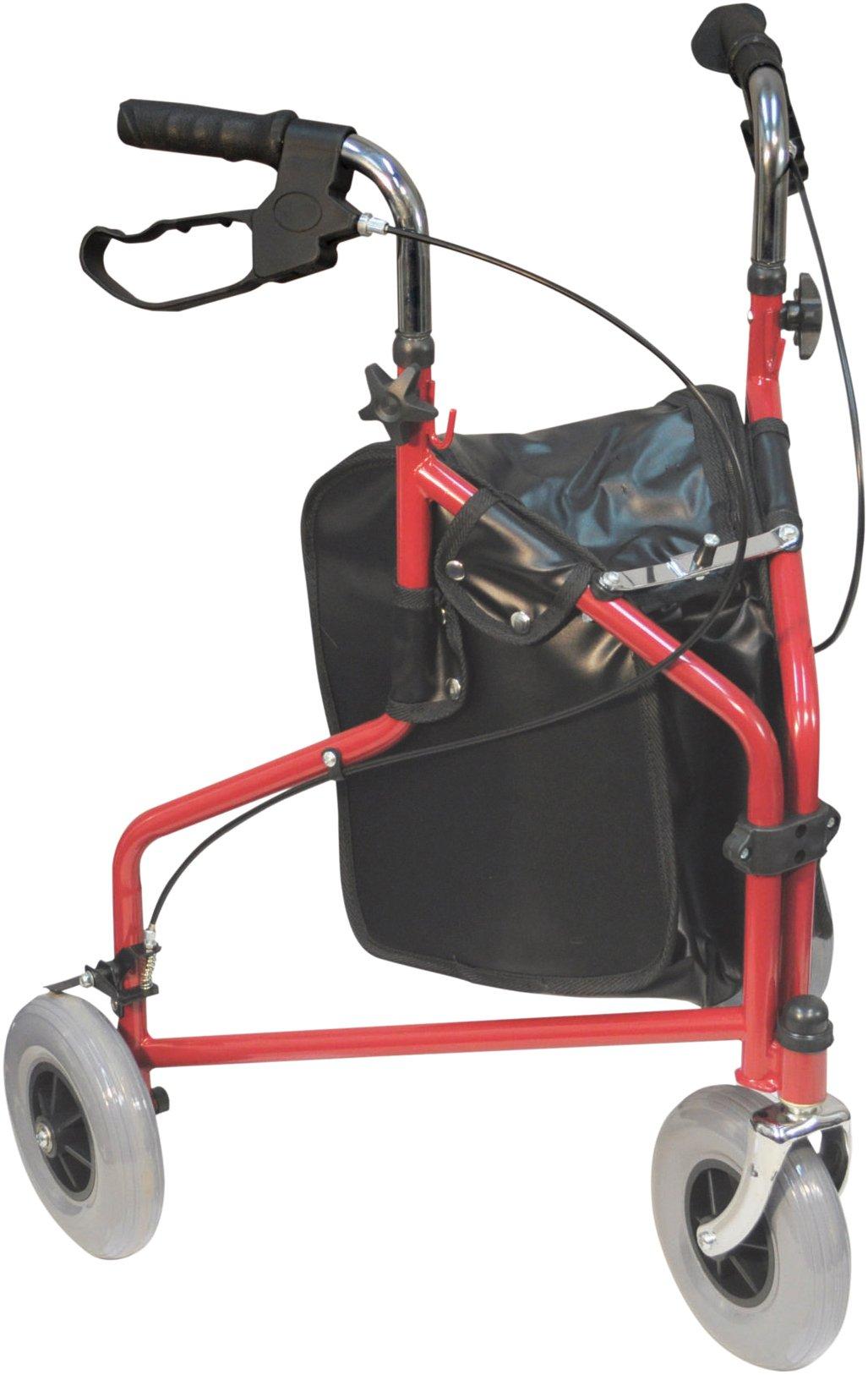 Three Wheeled Steel Walker with Bag Red