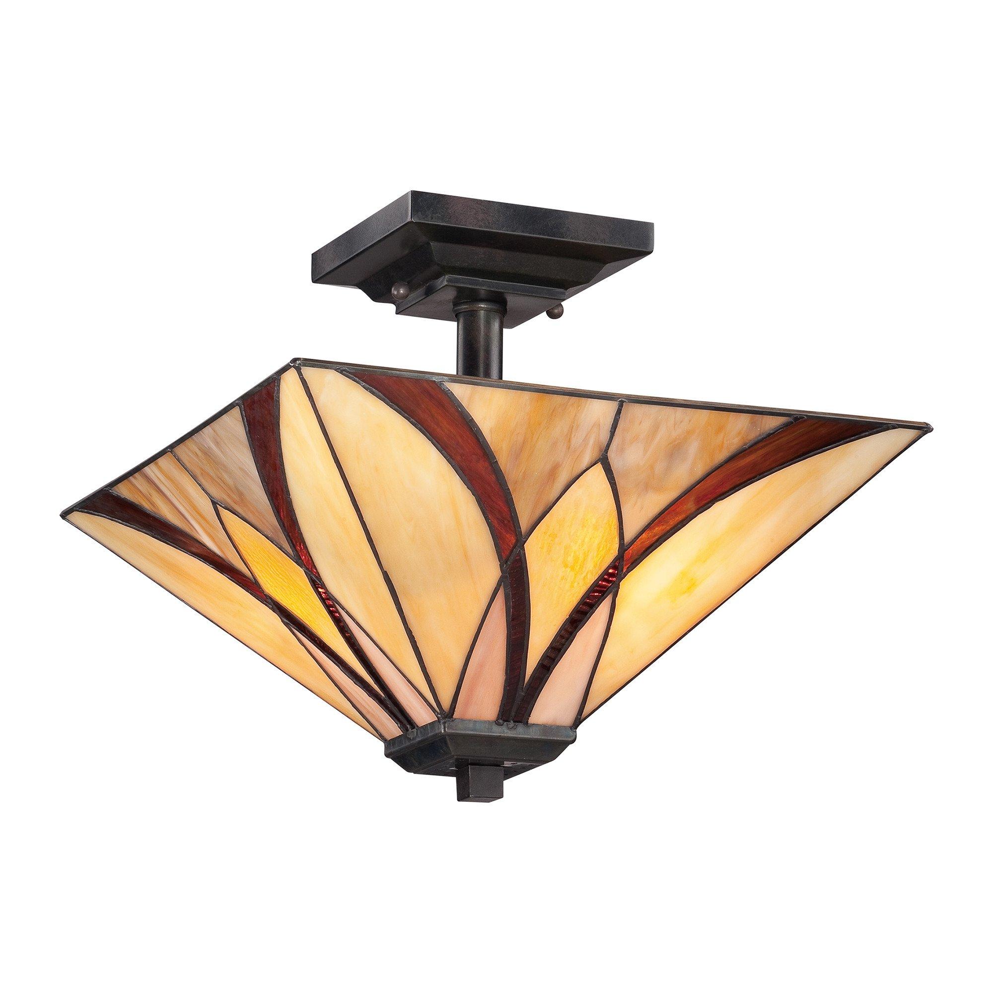 Asheville 2 Light Semi Flush Ceiling Lamp Bronze Tiffany Glass E27
