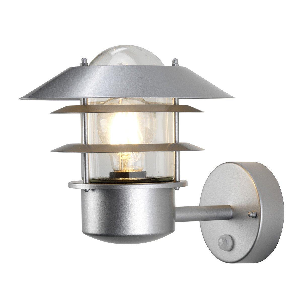 Helsingor 1 Light Outdoor Lantern Light Silver with PIR Motion Sensor IP44 E27