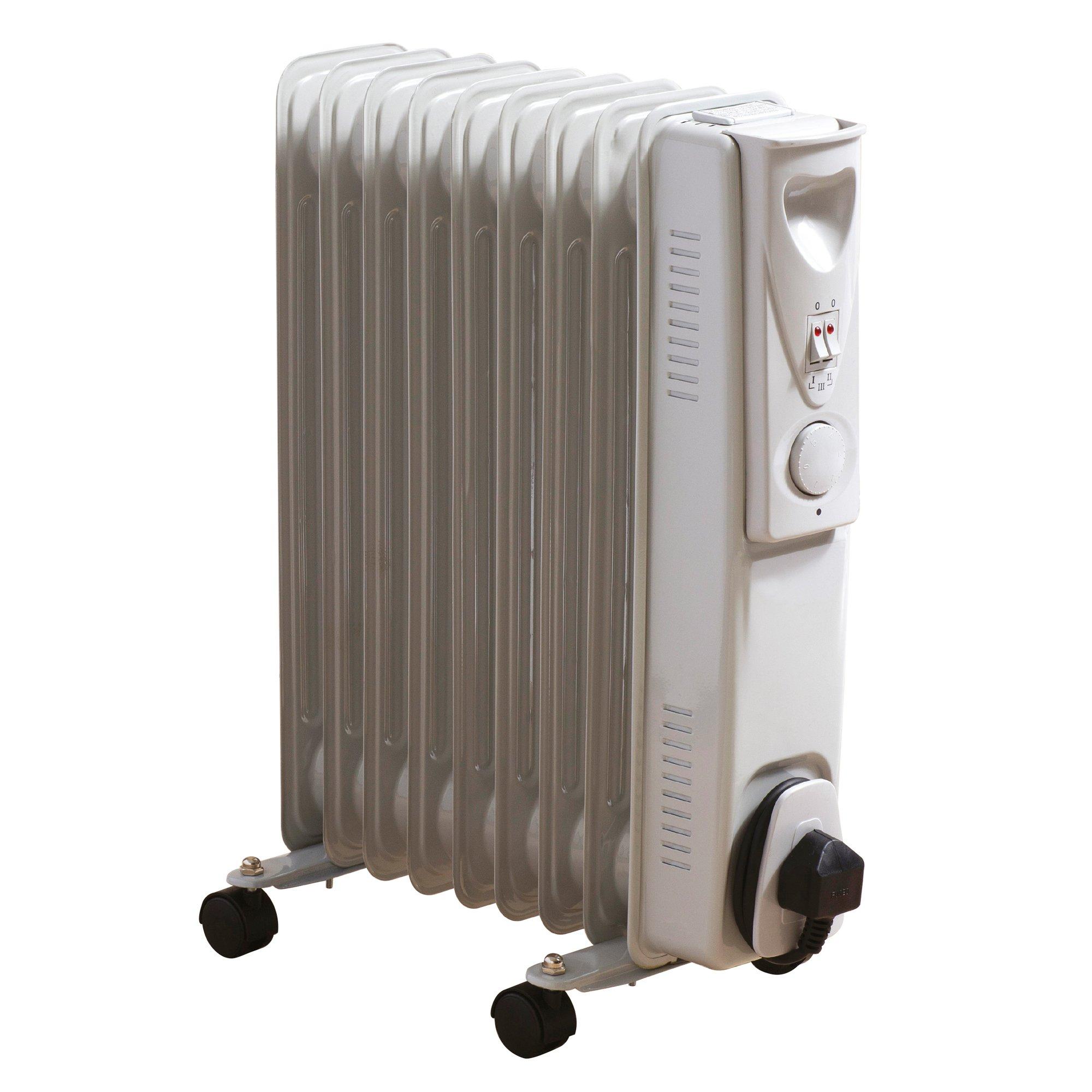 9 Fin Oil Filled Radiator 2000W Portable with Adjustable Thermostat White