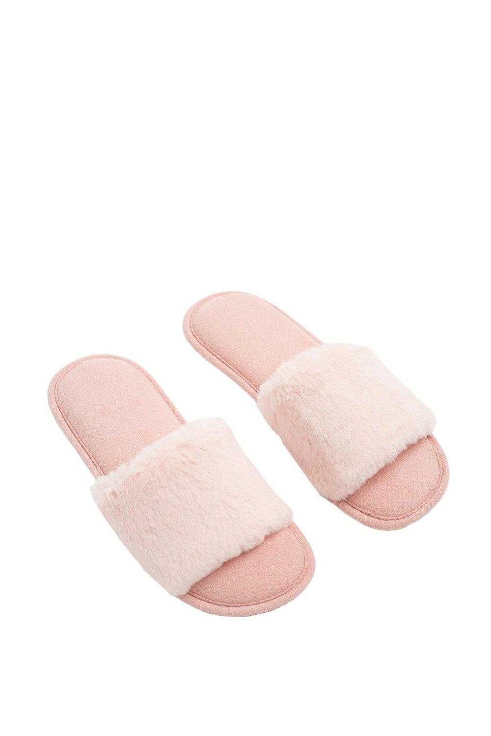 Faux Fur Suede Slip On Open Toe Slider Slippers