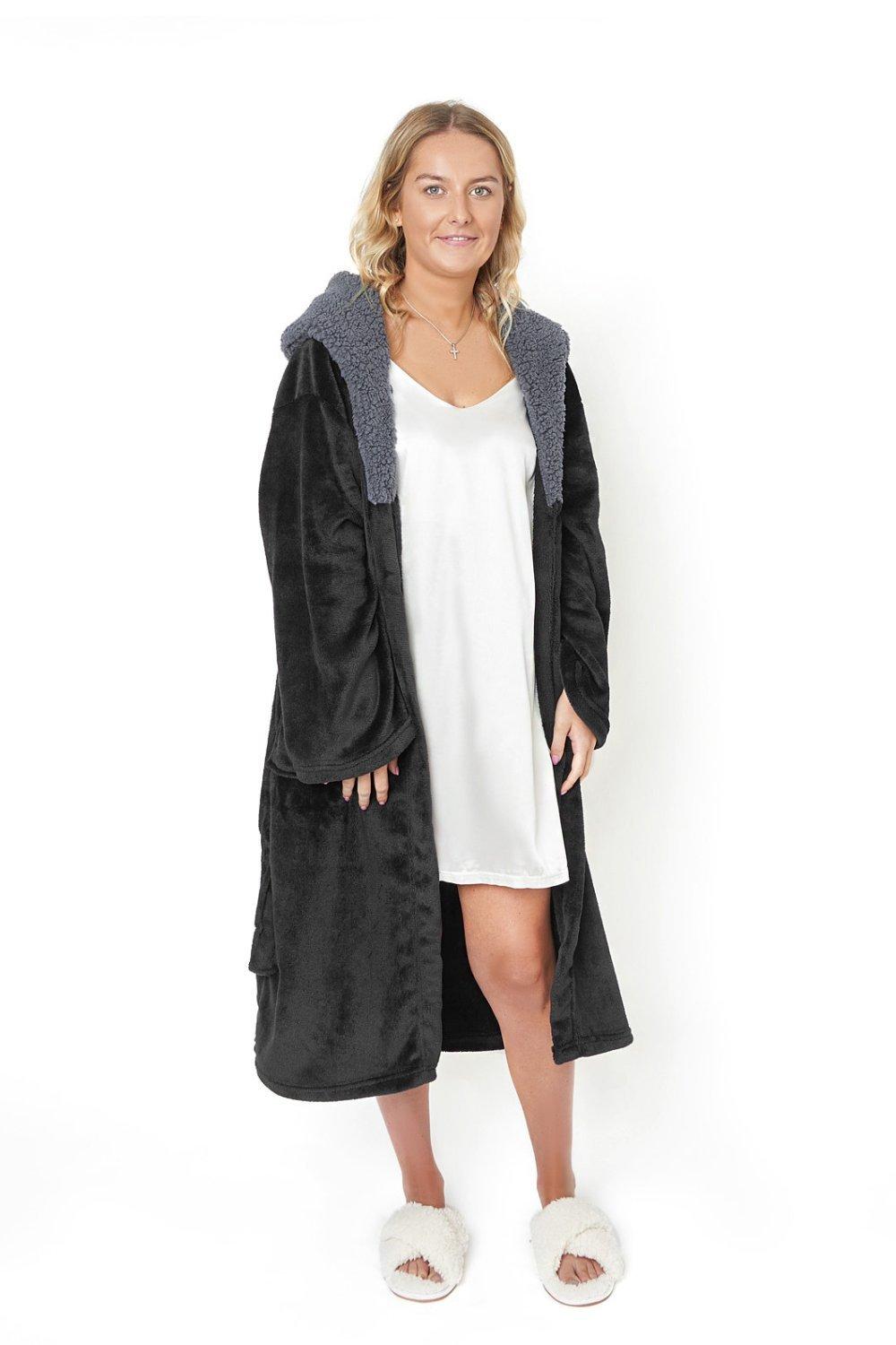 Flannel Fleece Hooded Dressing Gown Sherpa Bathrobe