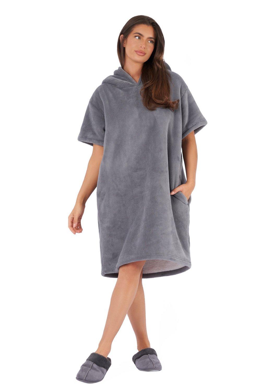 Flannel Fleece Hooded Dressing Gown Sherpa Bathrobe