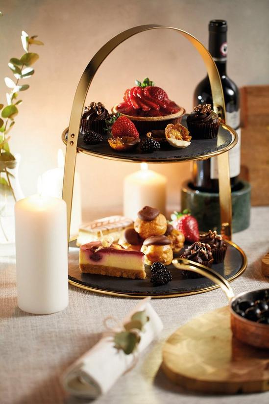 Artesa 2-Tier Brass Cake Stand with Round Slate Serving Platters 1