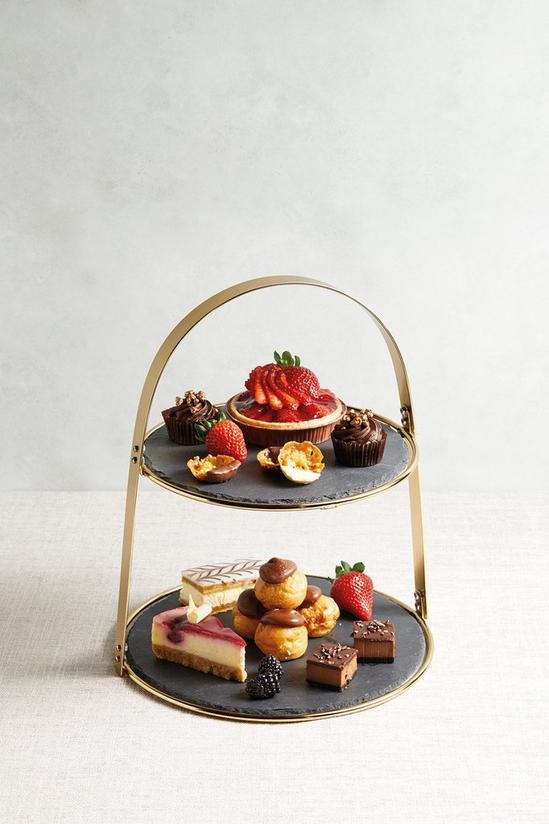 Artesa 2-Tier Brass Cake Stand with Round Slate Serving Platters 2