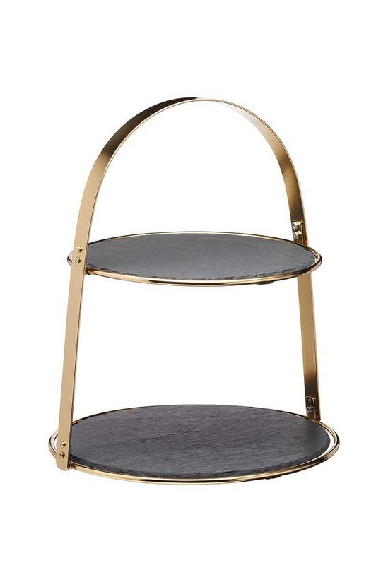 Artesa 2-Tier Brass Cake Stand with Round Slate Serving Platters 4