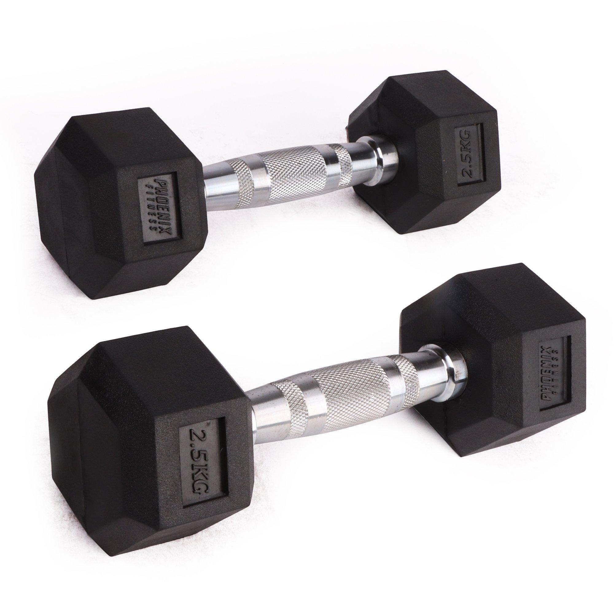 Rubber & Cast Iron Hexagonal Dumbbell Hand Weights at Home & Gym - PAIR - Choice of Weight: 2.5kg - 