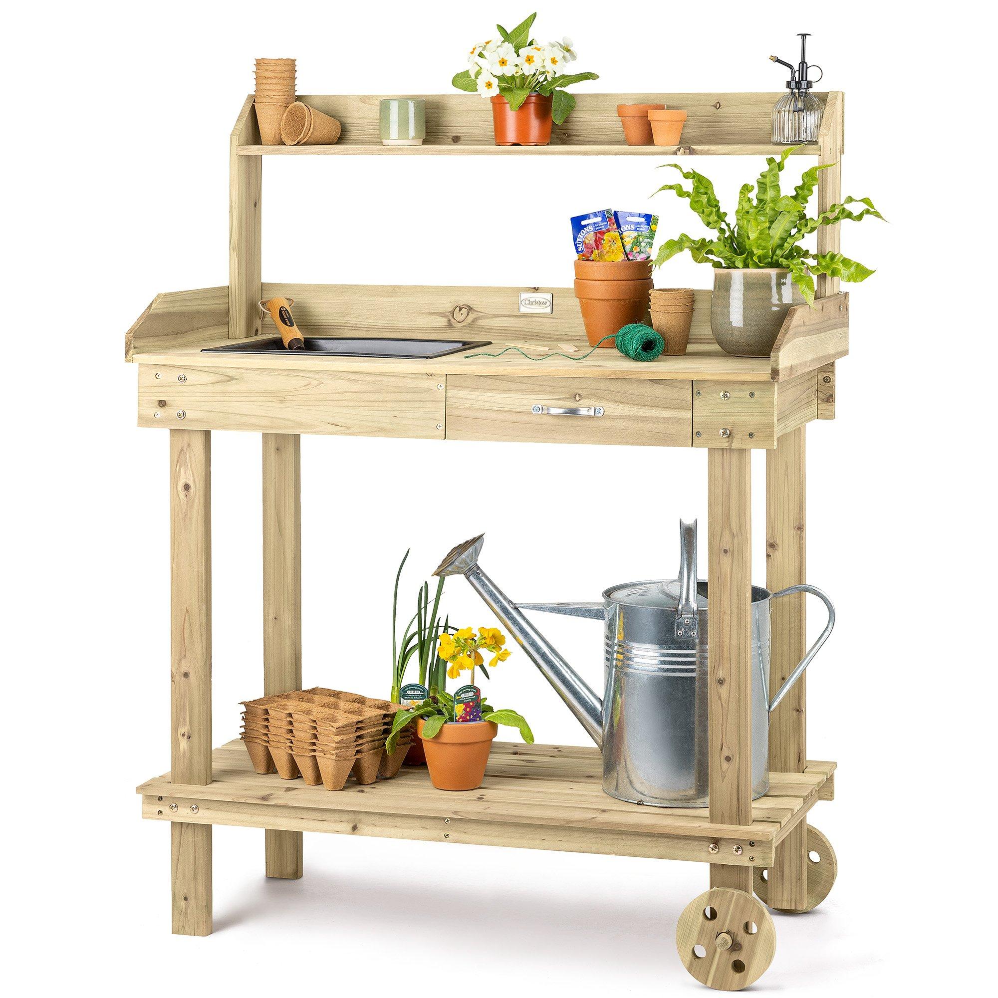 Garden Potting Table Bench Outdoor Wooden Workstation Wheels Tray