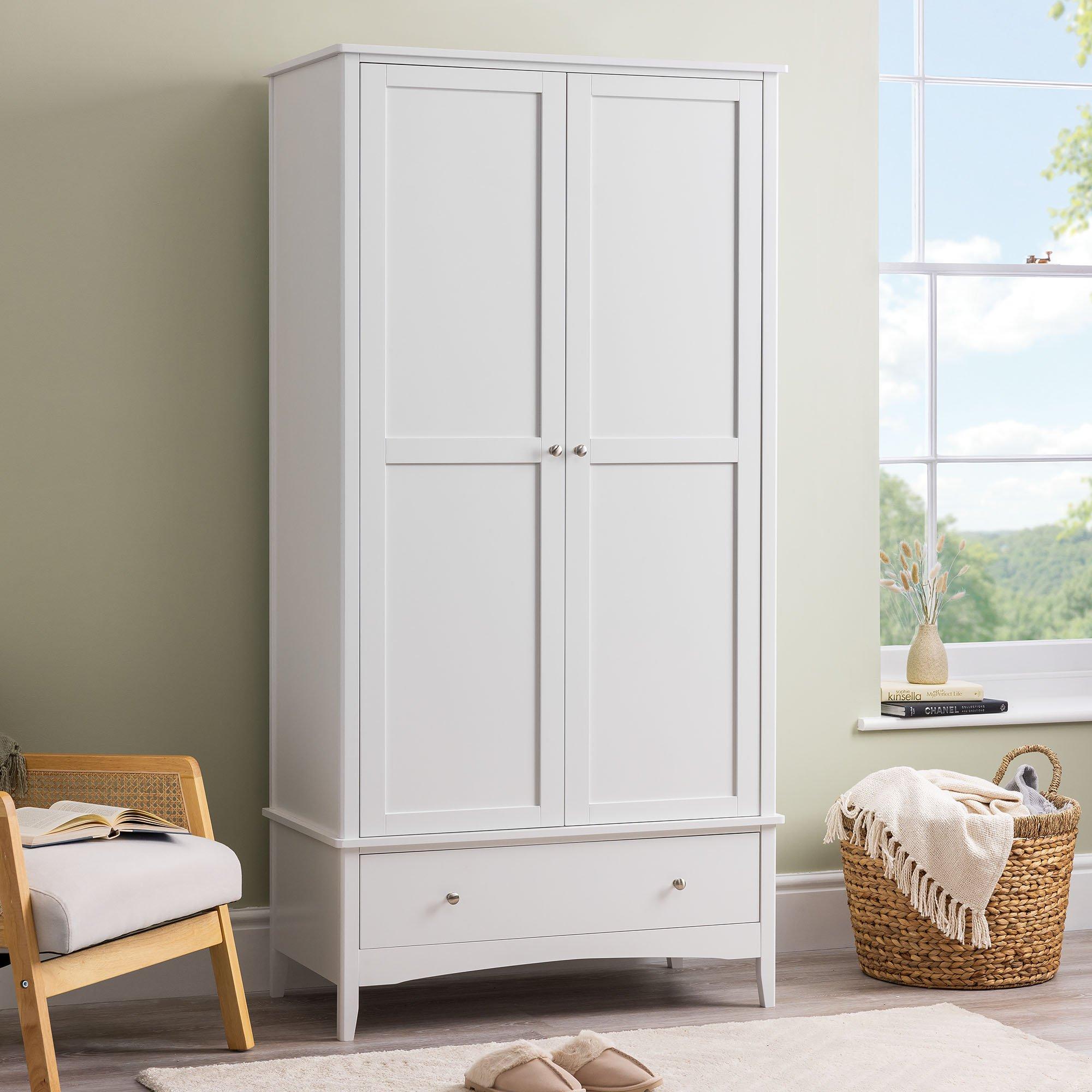 White Double Wardrobe with Drawer 2 Door Bedroom Storage Furniture Cupboard