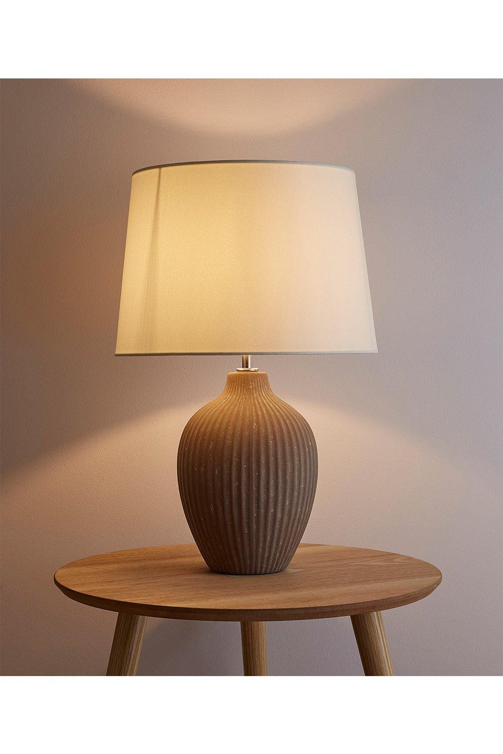 Ceramic Table Lamp with a Brown Textured Base and a Cream Tapered Lamp Shade to Match