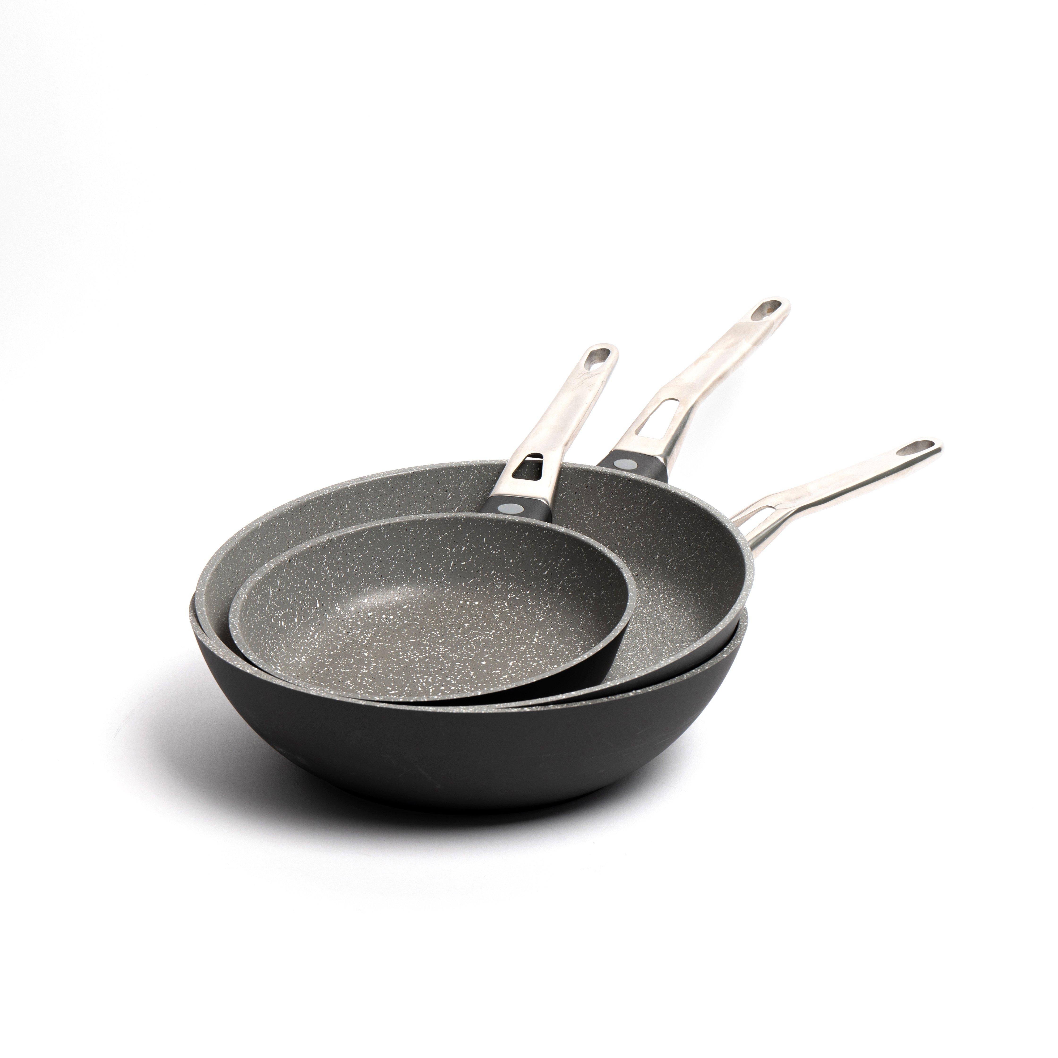 3pc Cookware Set with 2x Non-Stick Cast Aluminium Frying Pans, 20cm & 28cm and 28cm Wok - Induction 