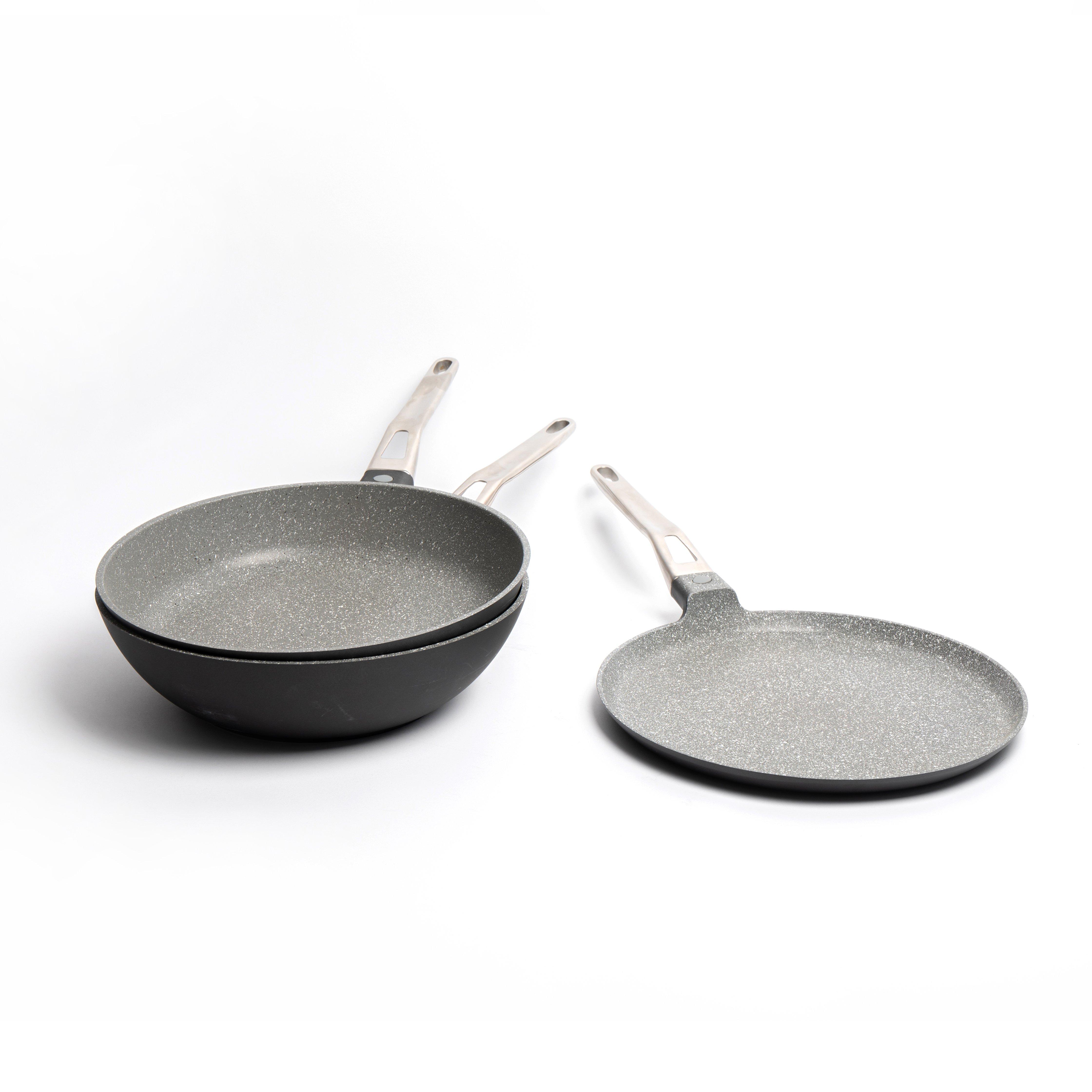 3pc Non-Stick Cookware Set with Cast Aluminium Wok 28cm, Frying Pan 28cm and Crepe Pan 28cm