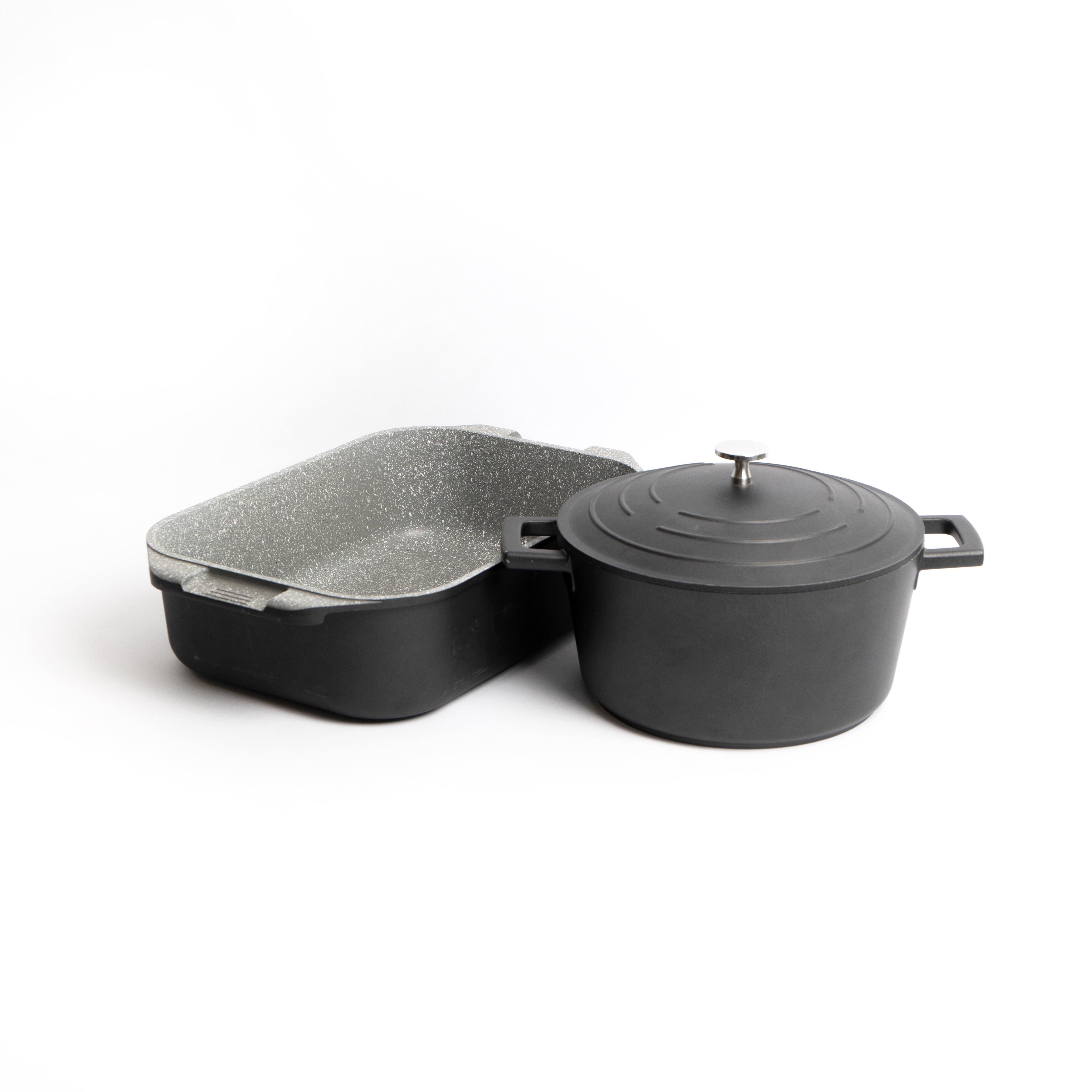 2pc Cookware Set with Black Non-Stick Cast Aluminium Casserole Dish, 4L and Roasting Pan, 34cm - Gif