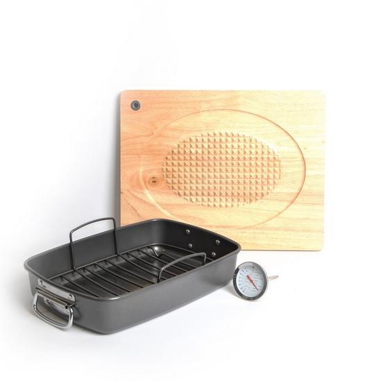 MasterClass 3pc Non-Stick Roasting Set - Tin & Rack, Wooden Board and Thermometer 1