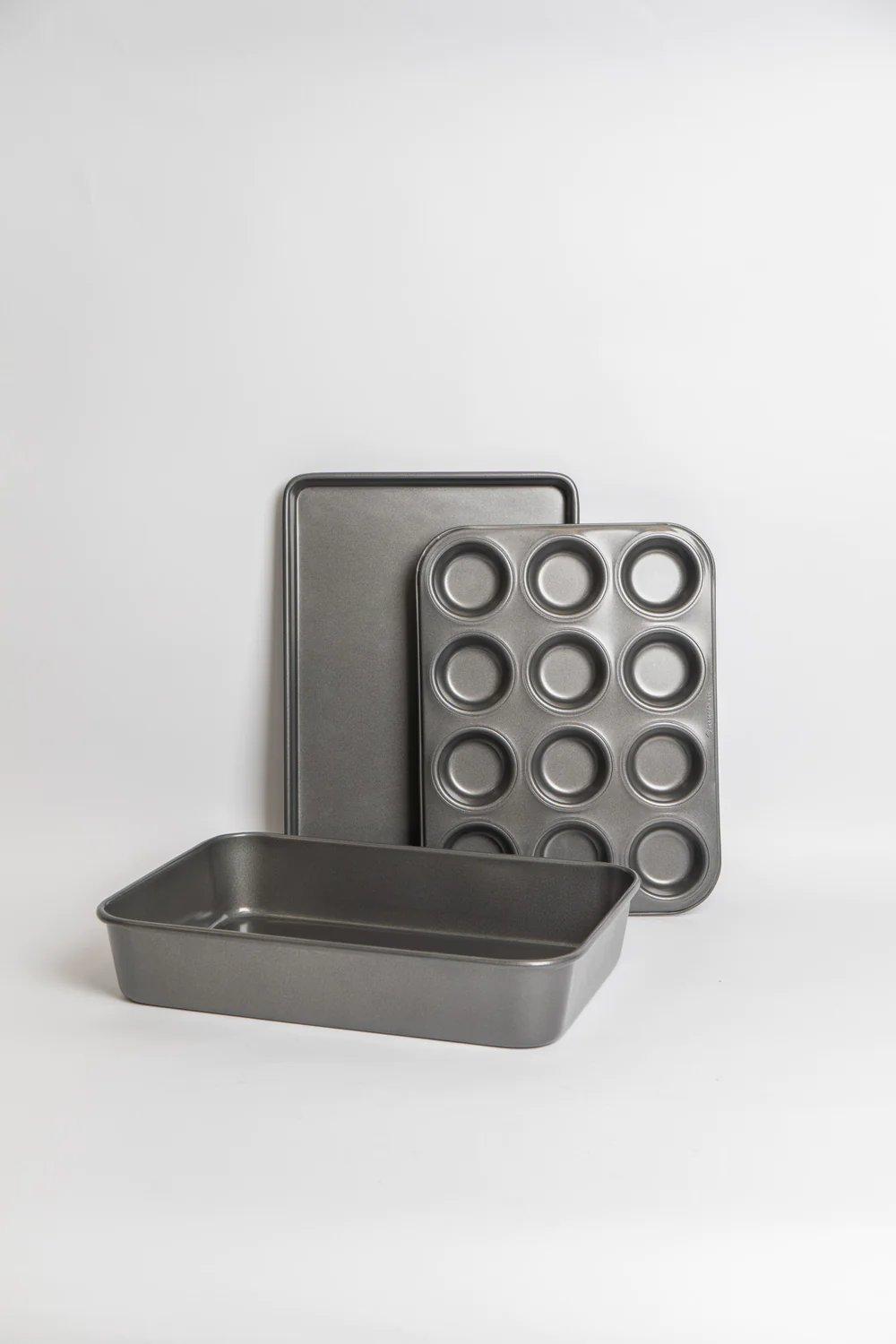 Set of Non-Stick Large Roasting Pan, 39x28x7cm, Baking Tray 39x27x2cm, Twelve Hole Deep Baking Pan 3