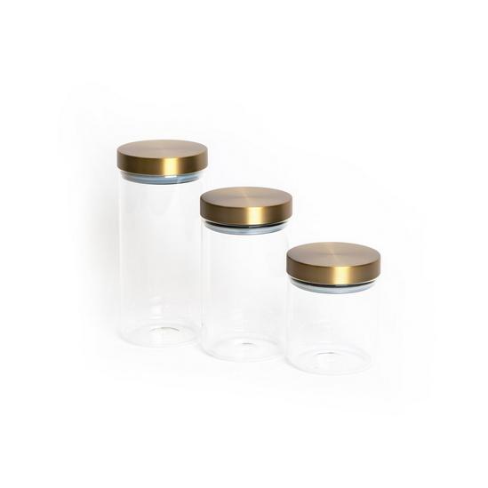 MasterClass 3pc Glass Storage Jar Set with Burnished Brass Lids, includes Small, Medium and Large Storage Jars 1