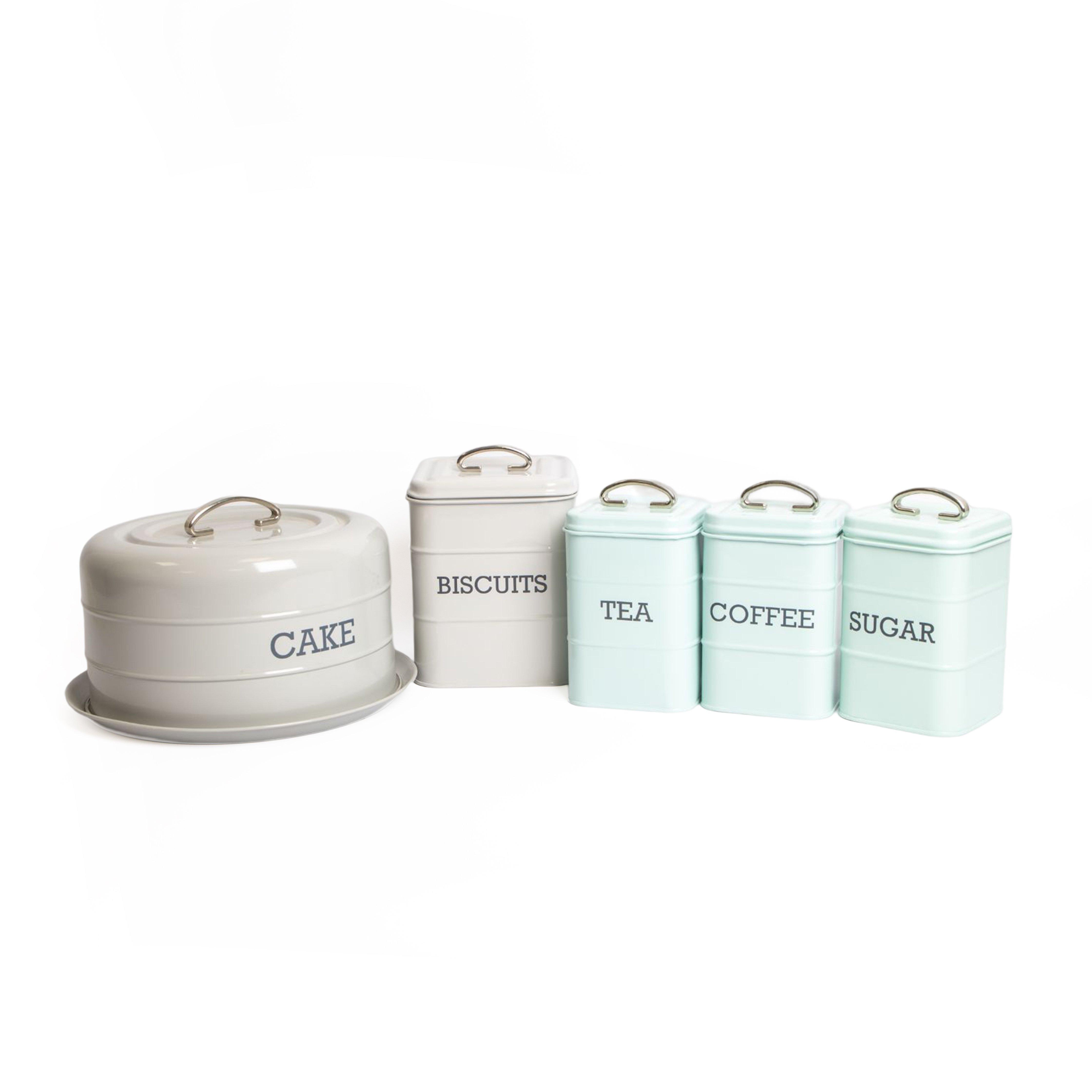 5pc Kitchen Storage Tin Set with Tea, Coffee & Sugar Canisters, Biscuit Tin and Domed Cake Tin