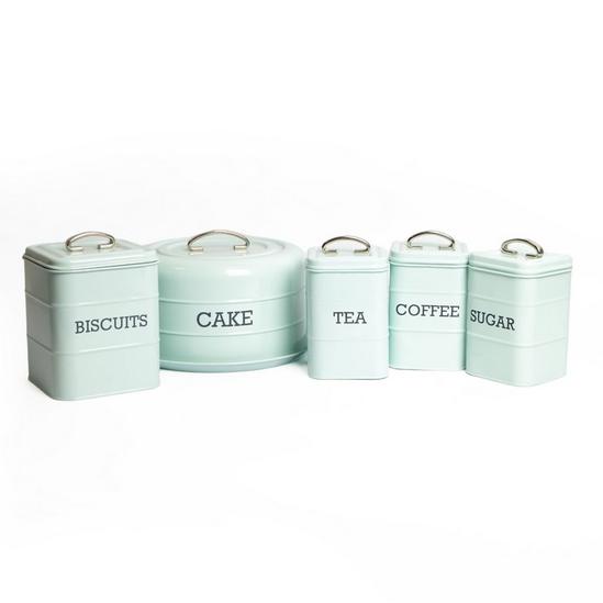 Living Nostalgia 5pc Vintage Blue Stainless Steel Storage Set with Tea, Coffee and Sugar Canisters, Biscuit Tin and Domed Cake Tin 1