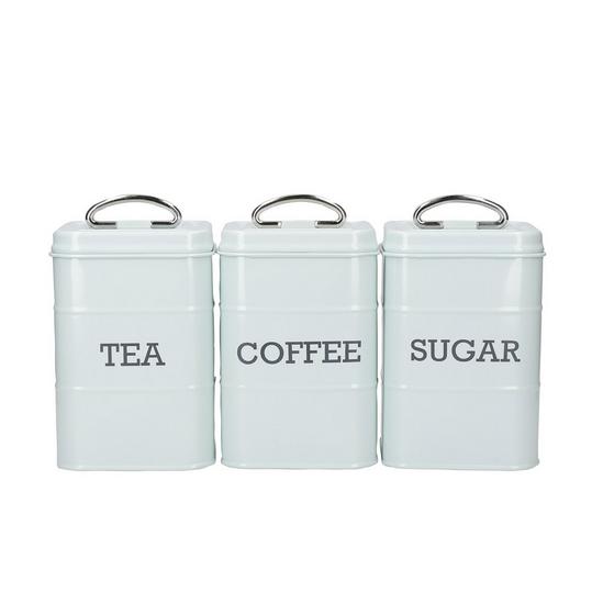 Living Nostalgia 5pc Vintage Blue Stainless Steel Storage Set with Tea, Coffee and Sugar Canisters, Biscuit Tin and Domed Cake Tin 4