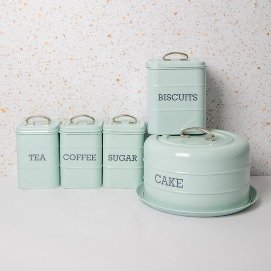 Living Nostalgia 5pc Vintage Blue Stainless Steel Storage Set with Tea, Coffee and Sugar Canisters, Biscuit Tin and Domed Cake Tin 5