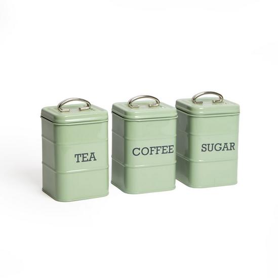 Living Nostalgia 3pc English Sage Green Kitchen Storage Set with Stainless Steel Tea, Coffee and Sugar Canisters 1