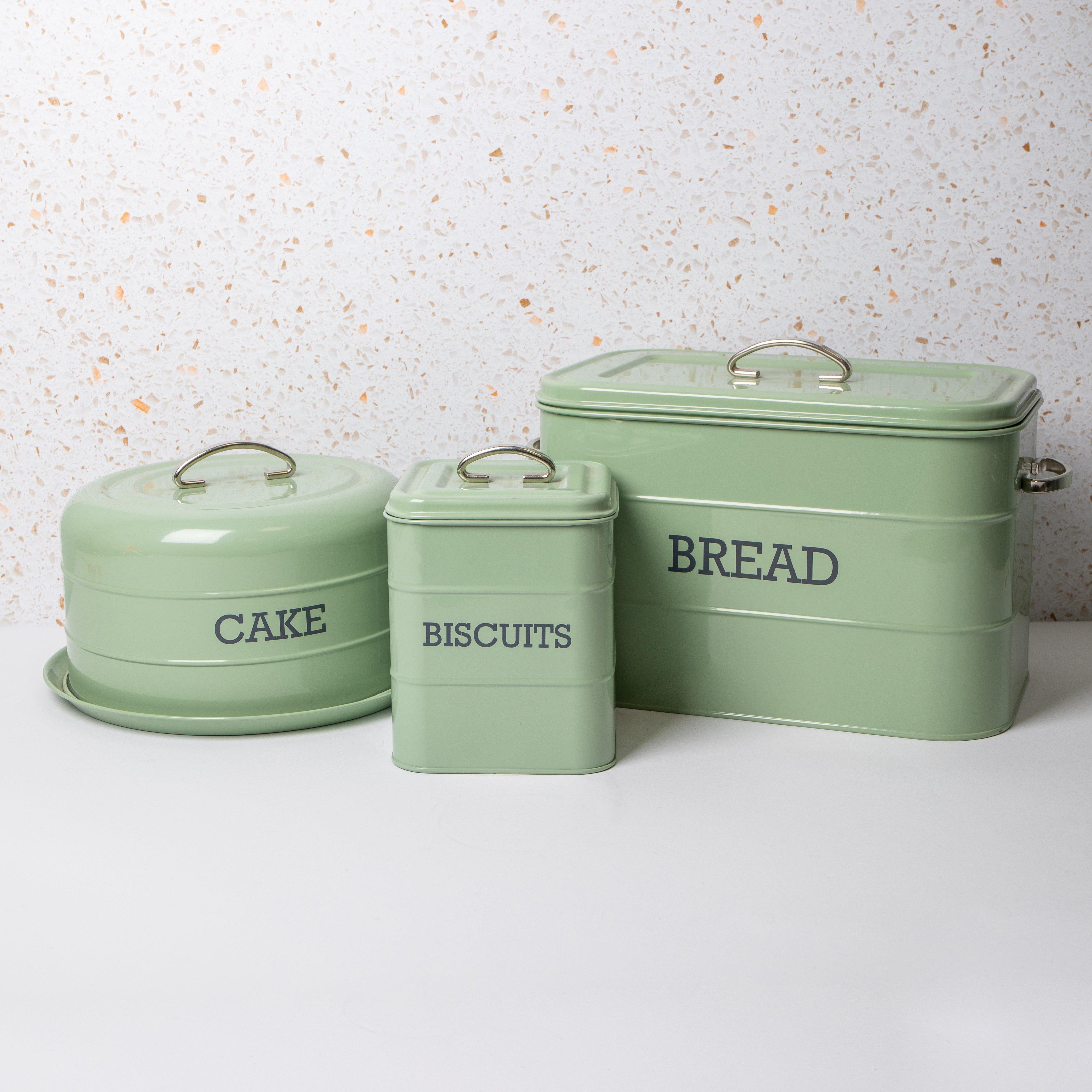 English Sage Green Kitchen Storage Set with Cake Tin, Biscuit Tin and Bread Bin
