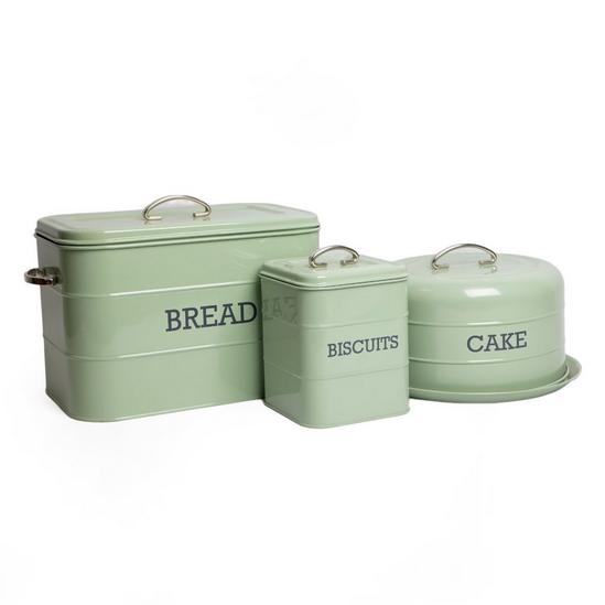 Living Nostalgia English Sage Green Kitchen Storage Set with Cake Tin, Biscuit Tin and Bread Bin 1
