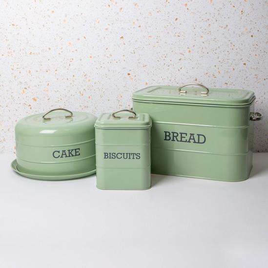 Living Nostalgia English Sage Green Kitchen Storage Set with Cake Tin, Biscuit Tin and Bread Bin 1