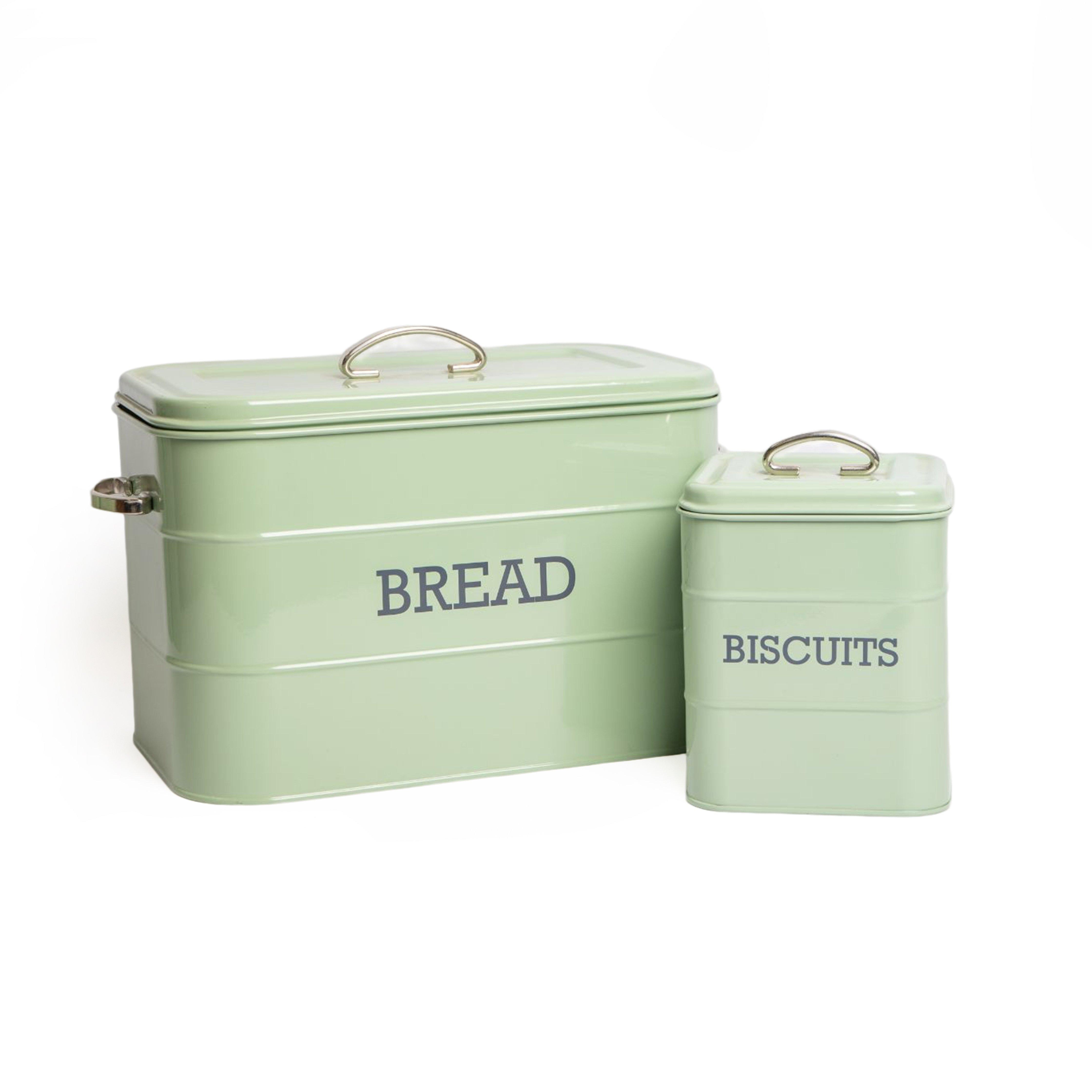 2pc English Sage Green Kitchen Storage Set with Bread Bin and Biscuit Tin