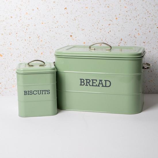 Living Nostalgia 2pc English Sage Green Kitchen Storage Set with Bread Bin and Biscuit Tin 2