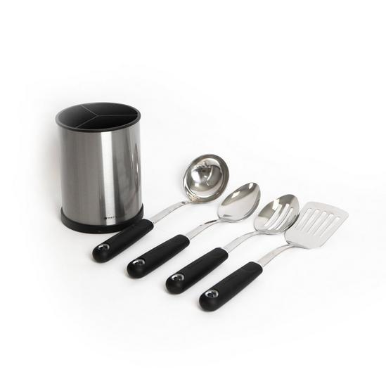 MasterClass 5pc Stainless Steel Utensil Set with Cooking Spoon, Slotted Spoon, Slotted Turner, Ladle and Utensil Holder 1