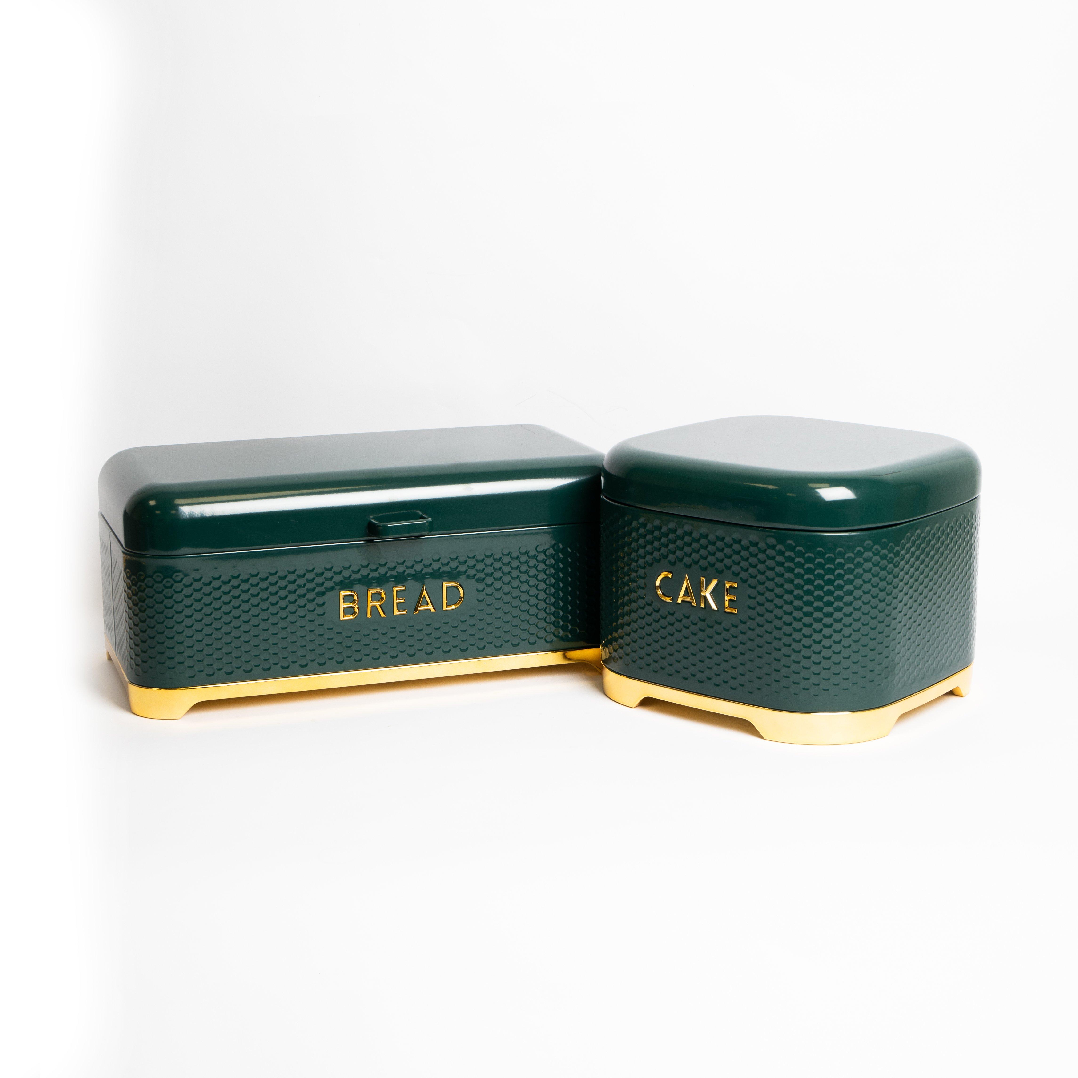 2pc Gift-Tagged Hunter Green Kitchen Storage Set with Textured Cake Tin and Bread Bin