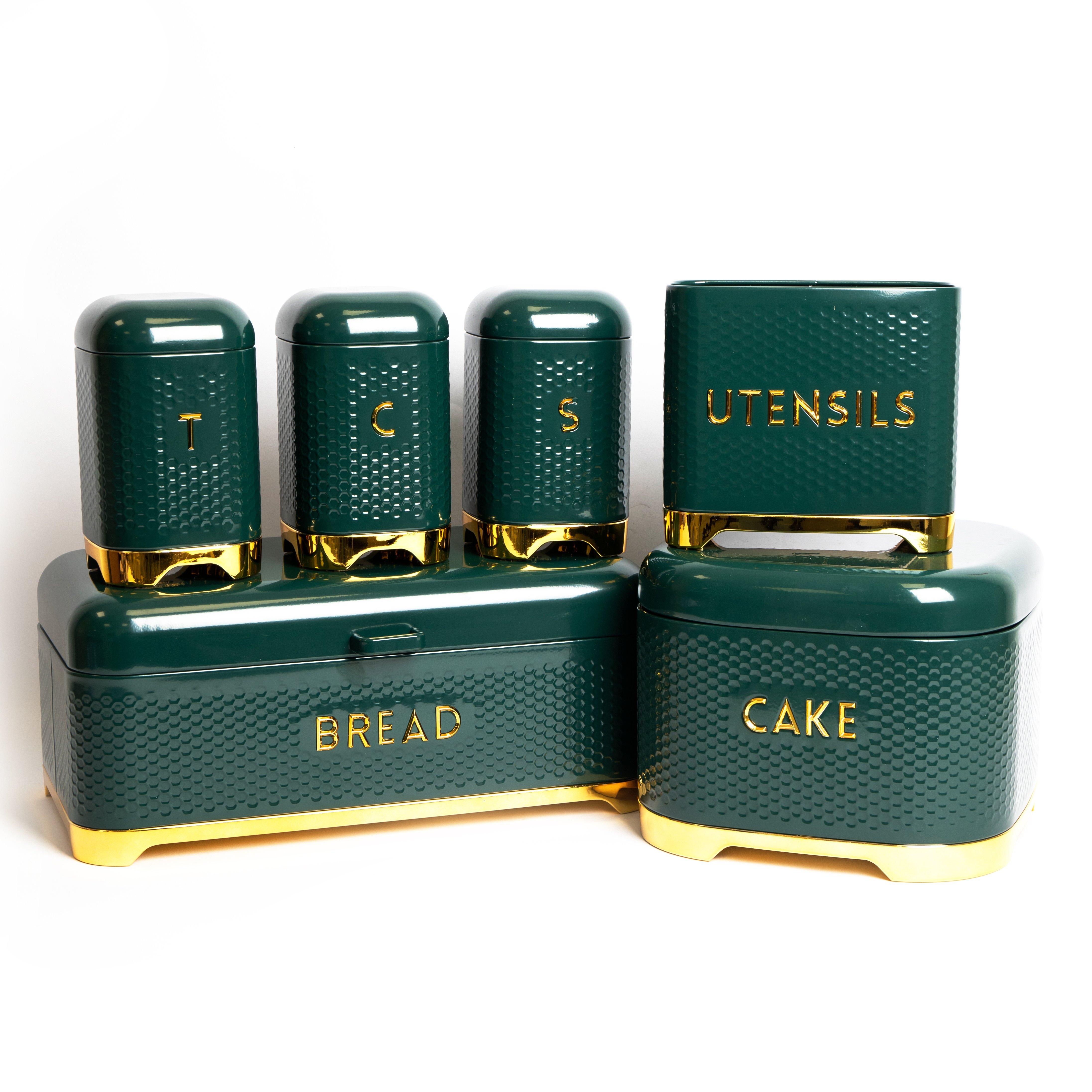 6pc Gift-Boxed Hunter Green Kitchen Set with Tea, Coffee & Sugar Canisters, Utensil Store, Cake Tin 
