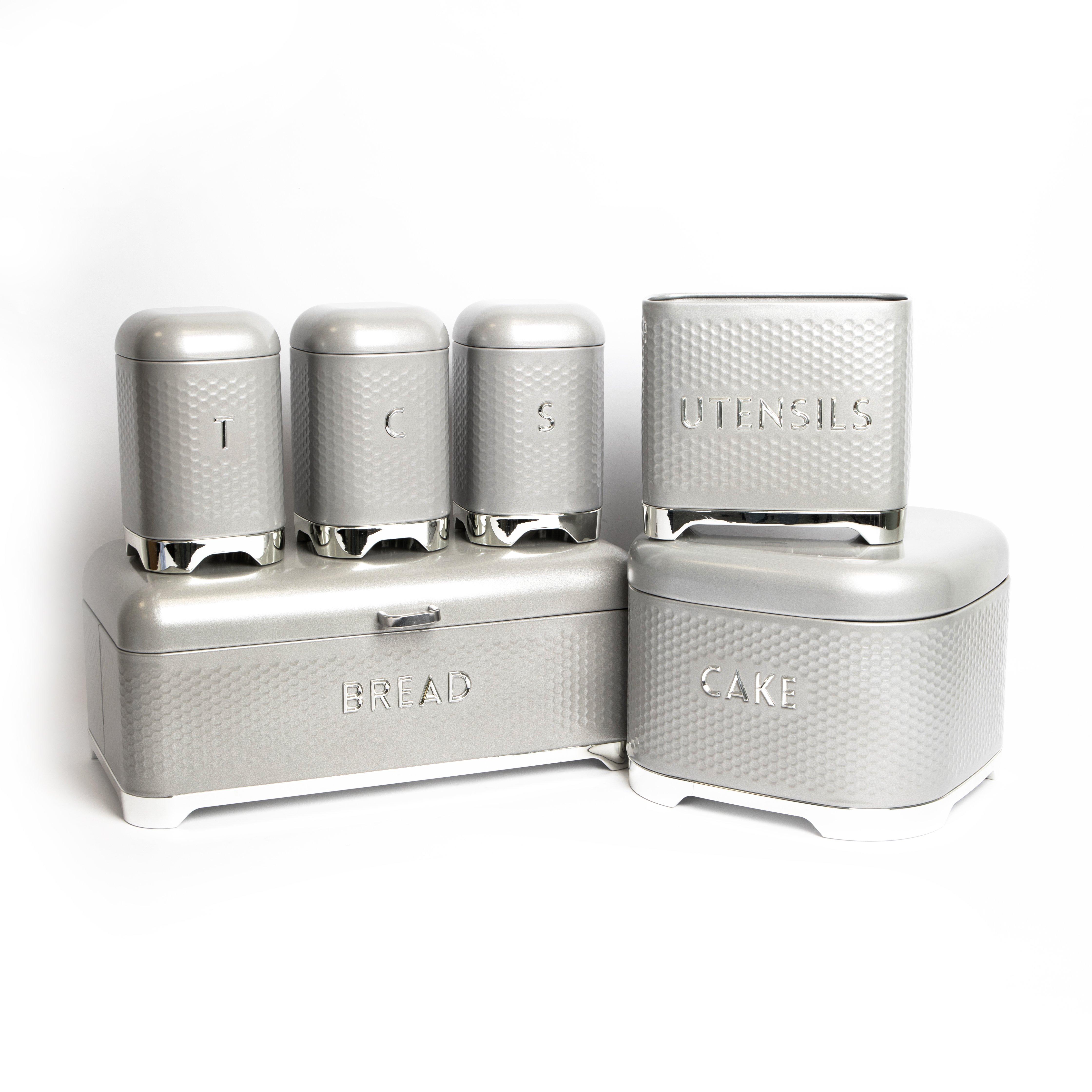 6pc Gift-Boxed Shadow Grey Storage Set with Tea, Coffee & Sugar Canisters, Utensil Store, Cake Tin a