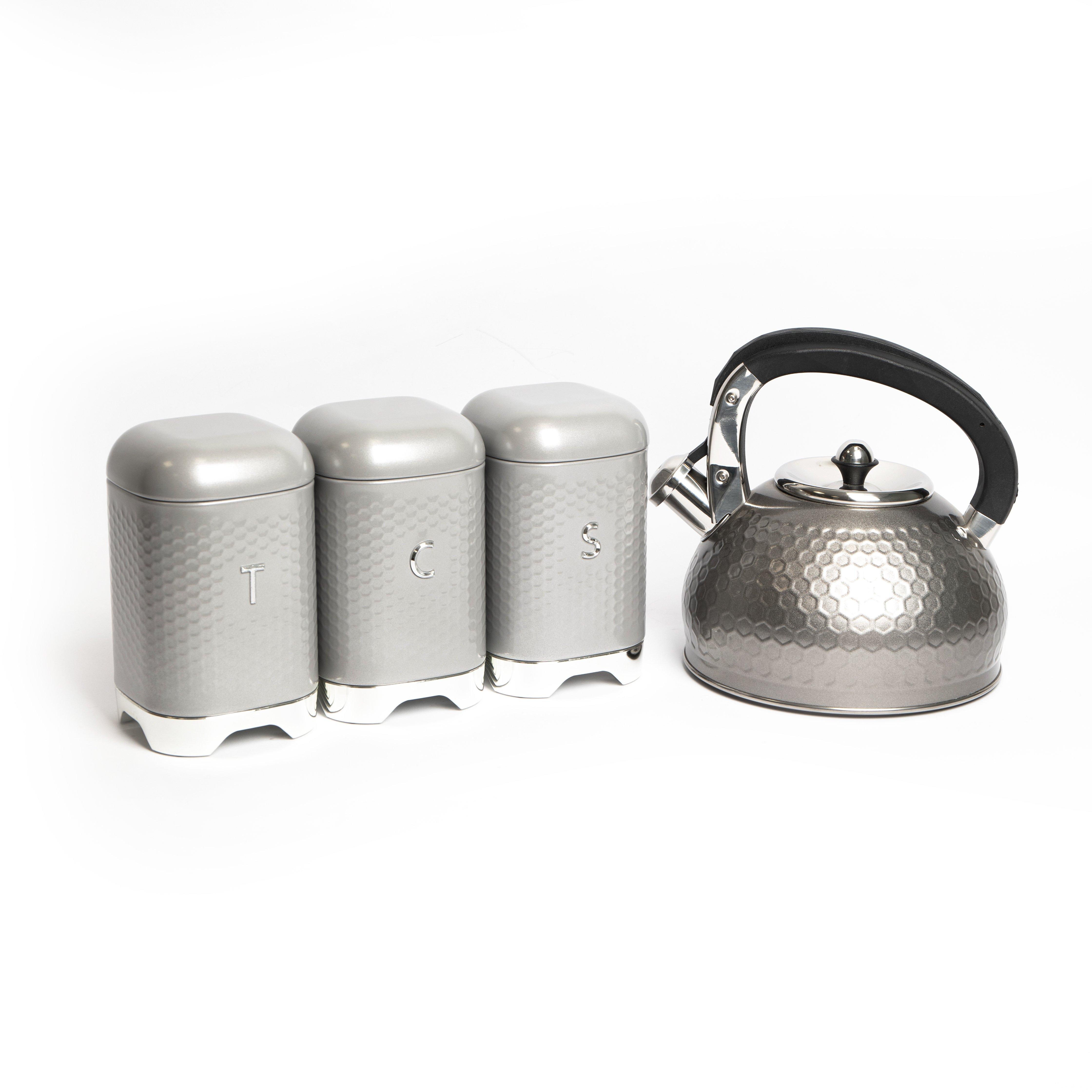 KitchenCraft Set of Gift-Boxed Lovello Shadow Grey Textured Counter Top Storage Set 11 x 19cm, Whistling Kettle 2.5 Litre Capacity